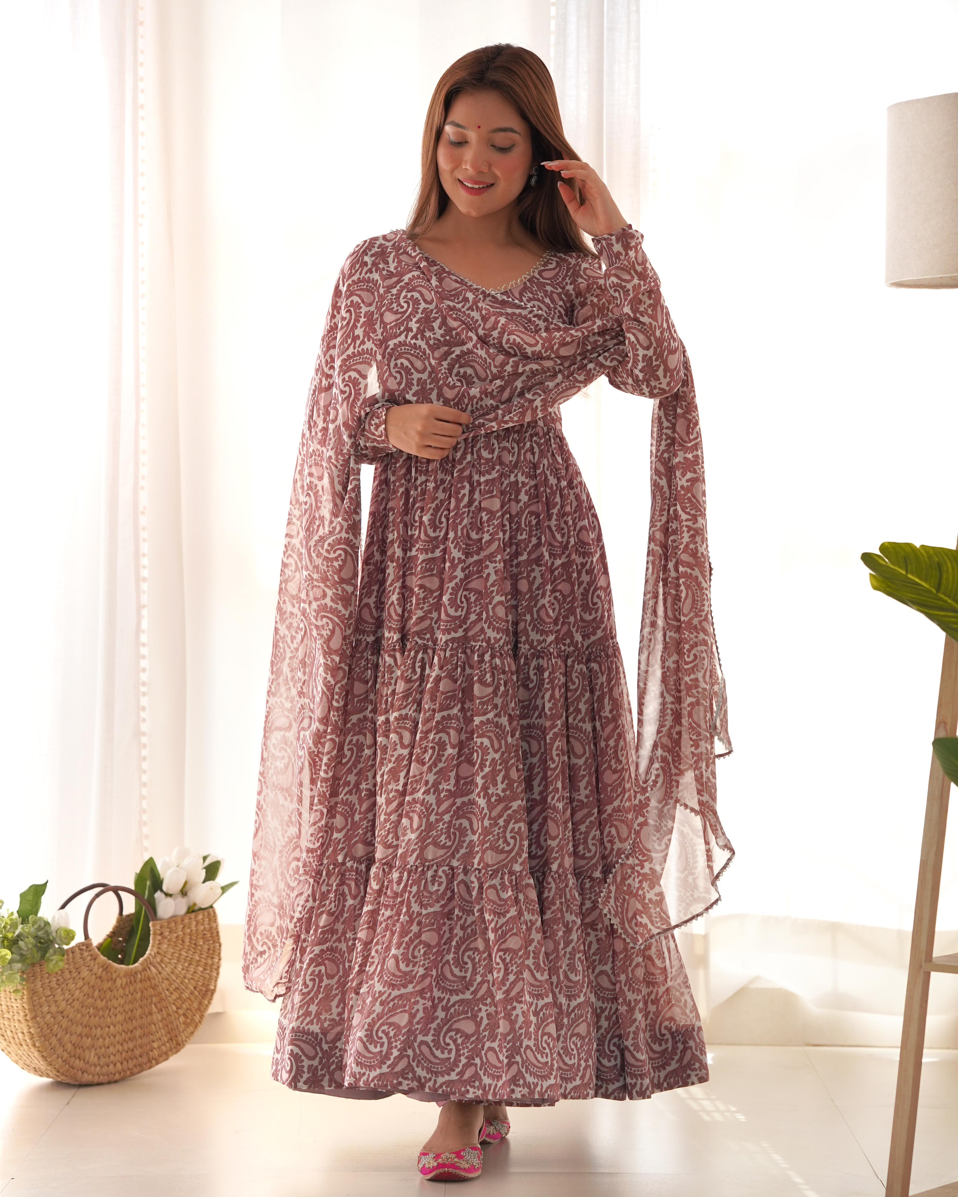 Light Onion Pink Pure Soft Fox Georgette Anarkali Suit Set With Huge Flair, Dupatta & Pant