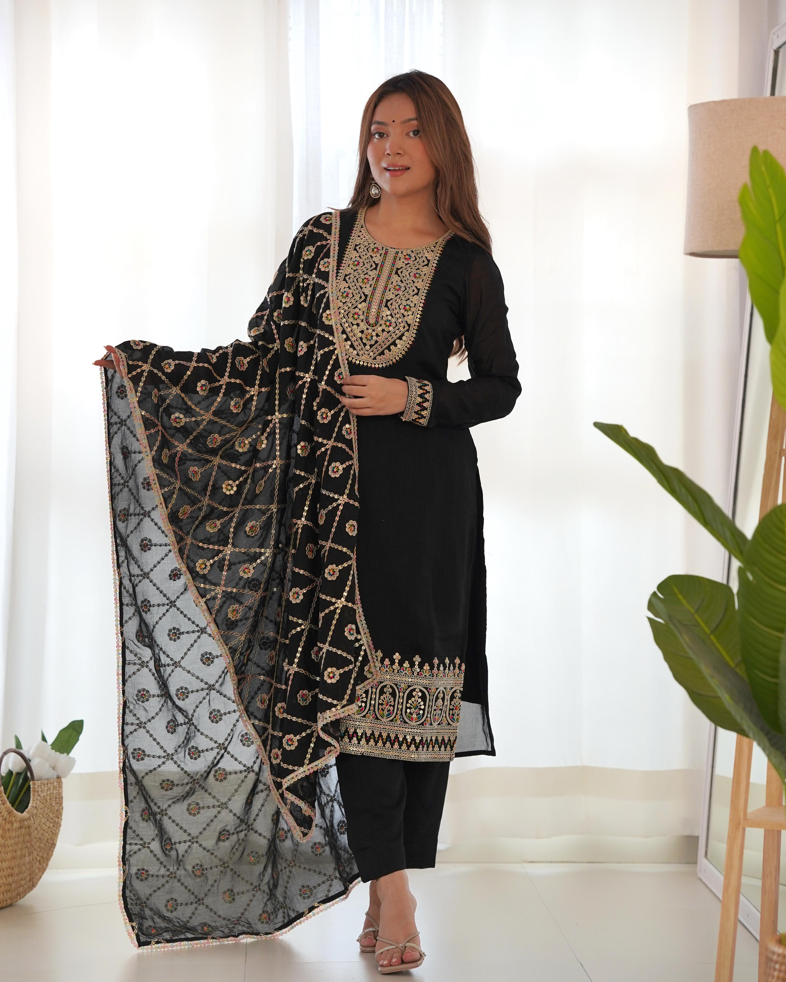 Black Pure Blooming Vichitra Silk Kurta Suit Set With Dupatta & Pant