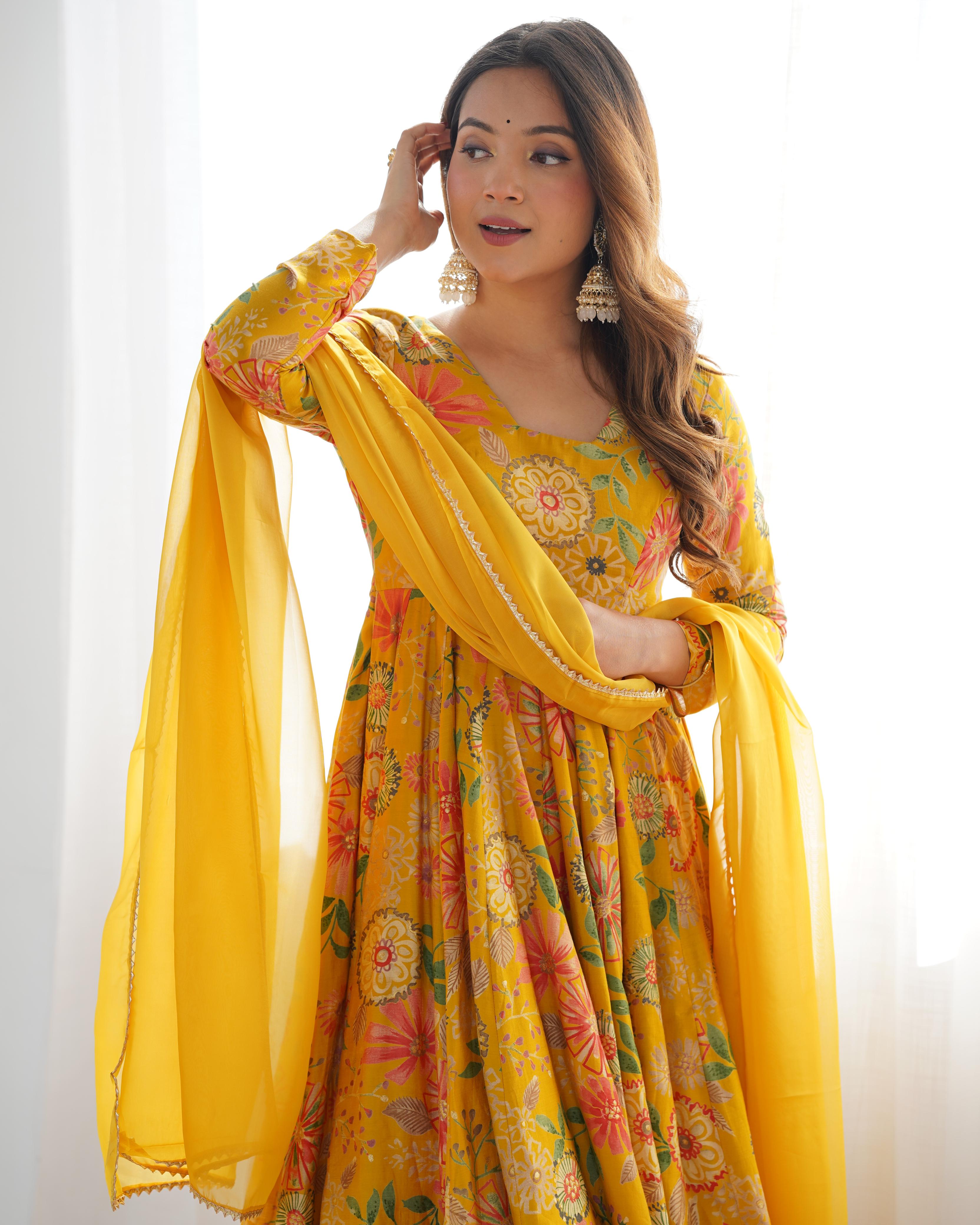 Yellow Pure Roman Silk Chanderi Kediya Set With Huge Flair, Dupatta & Plazo