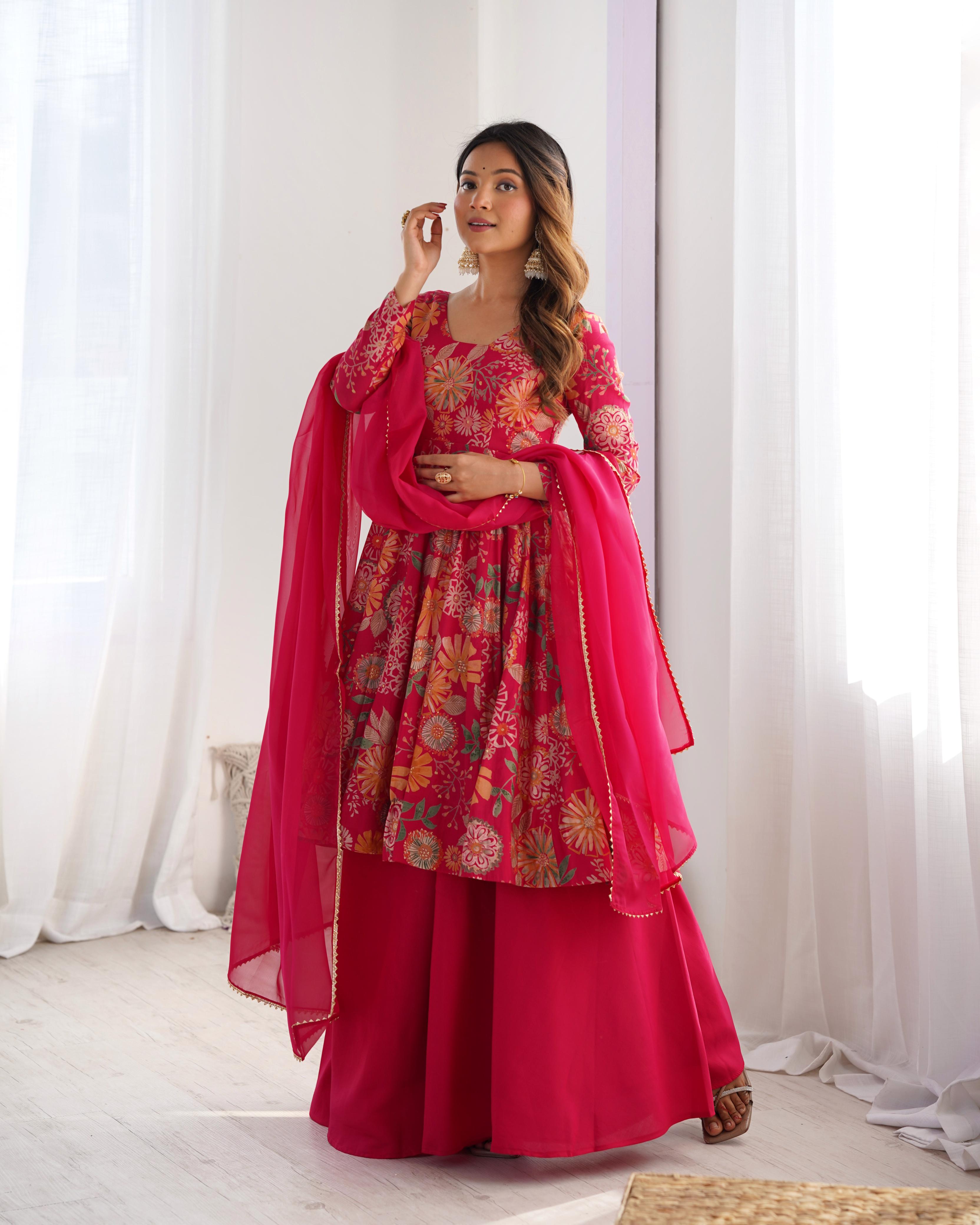 Pink Pure Roman Silk Chanderi Kediya Set With Huge Flair, Dupatta & Plazo