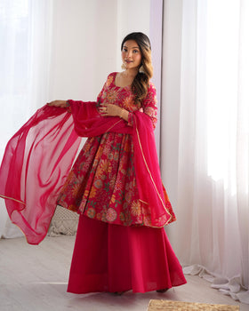 Pink Pure Roman Silk Chanderi Kediya Set With Huge Flair, Dupatta & Plazo