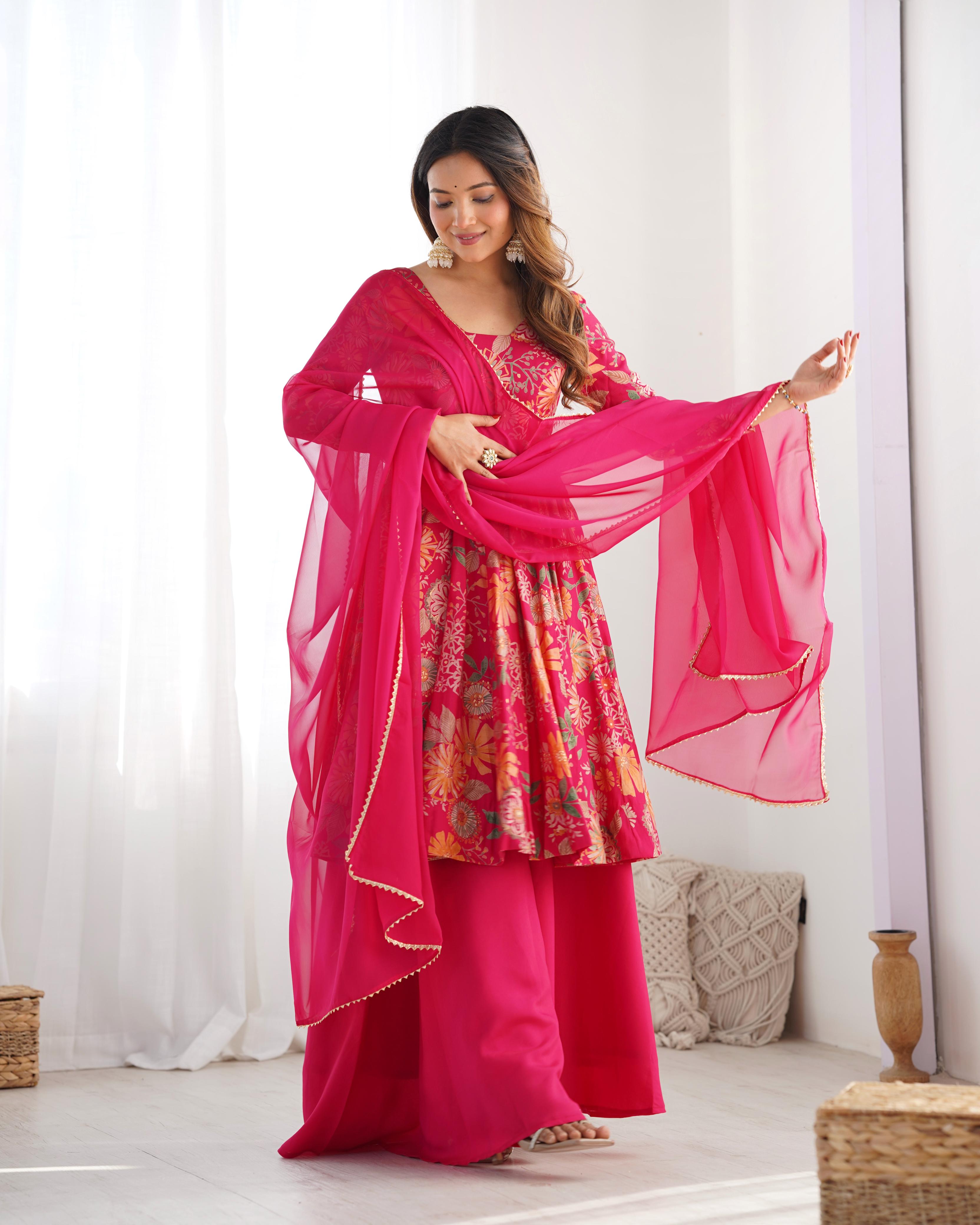 Pink Pure Roman Silk Chanderi Kediya Set With Huge Flair, Dupatta & Plazo