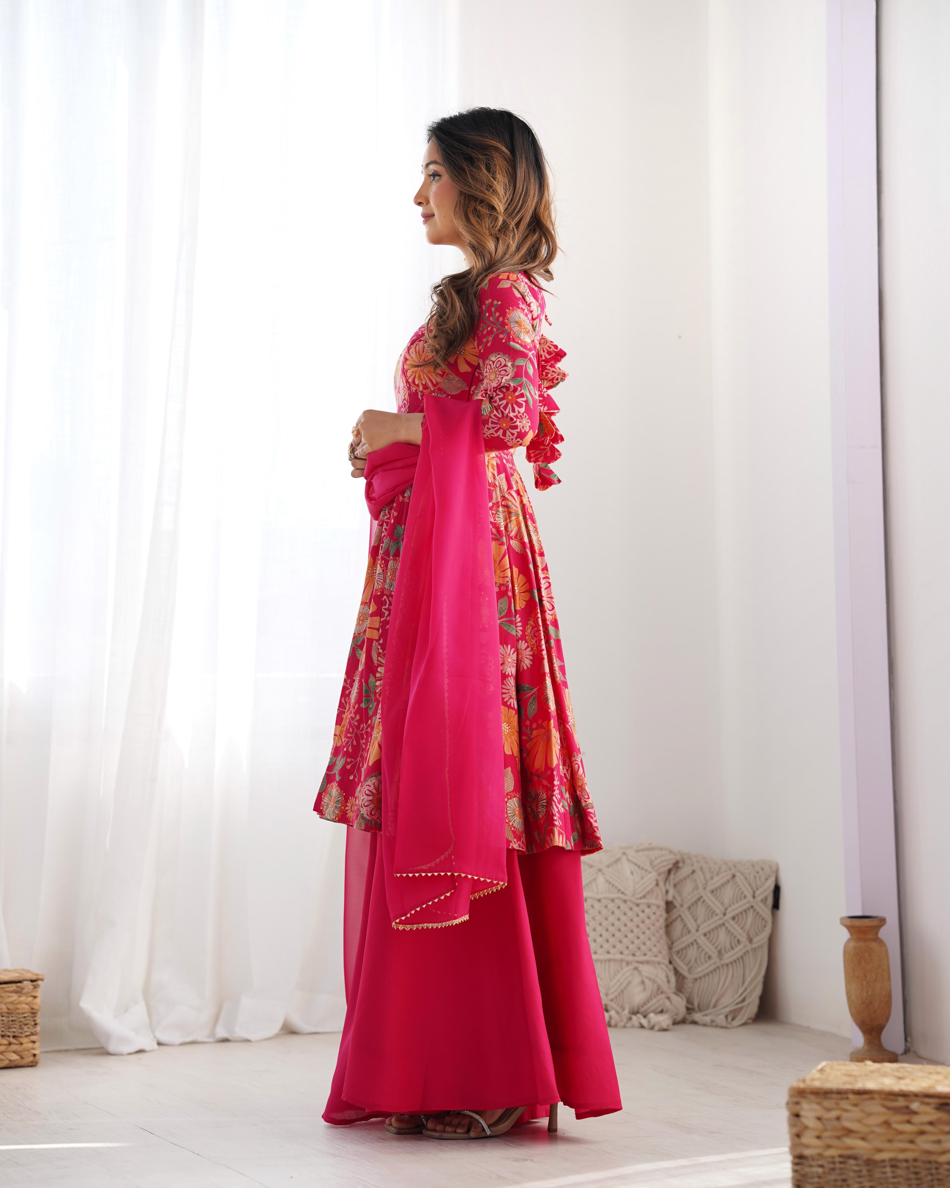 Pink Pure Roman Silk Chanderi Kediya Set With Huge Flair, Dupatta & Plazo