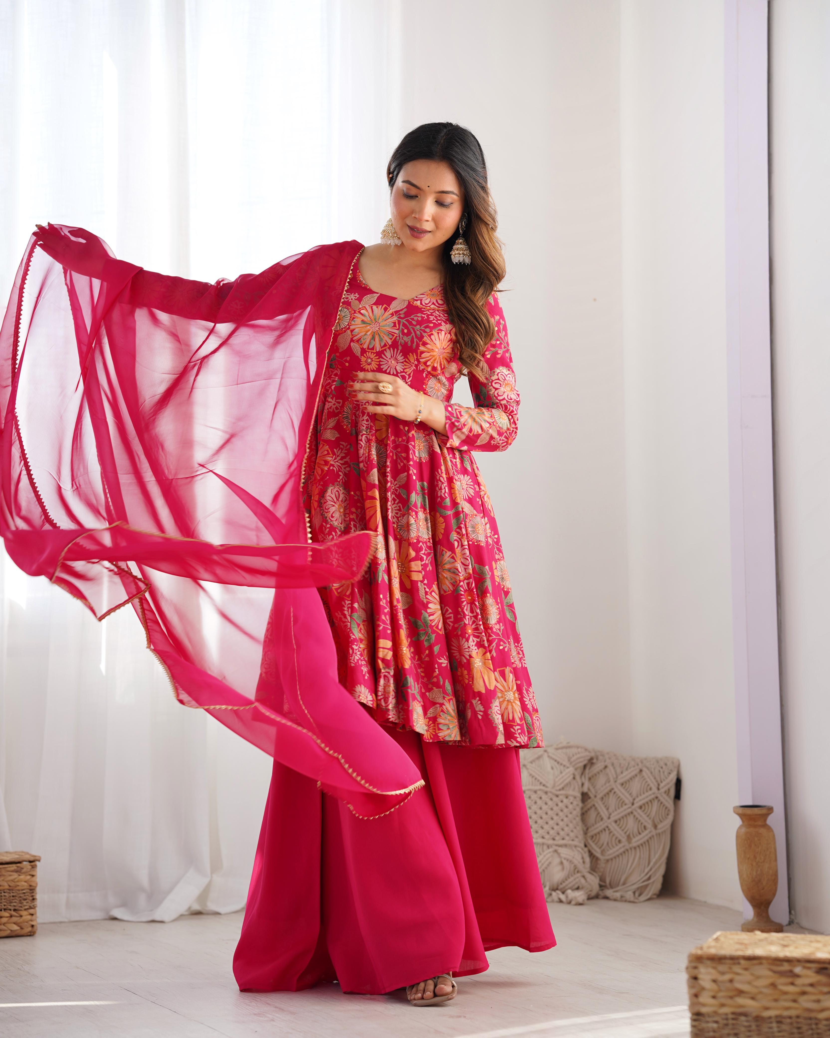 Pink Pure Roman Silk Chanderi Kediya Set With Huge Flair, Dupatta & Plazo