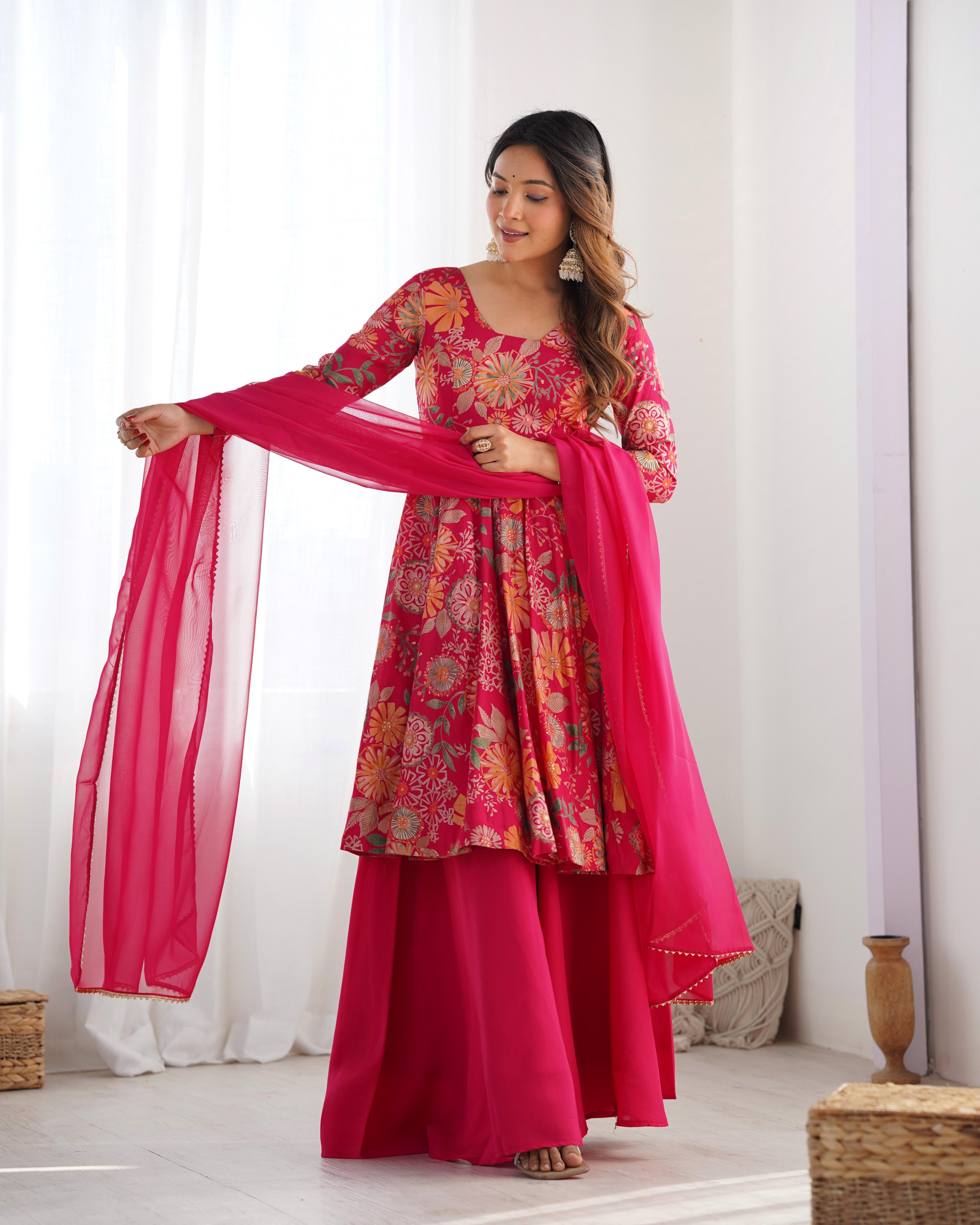 Pink Pure Roman Silk Chanderi Kediya Set With Huge Flair, Dupatta & Plazo