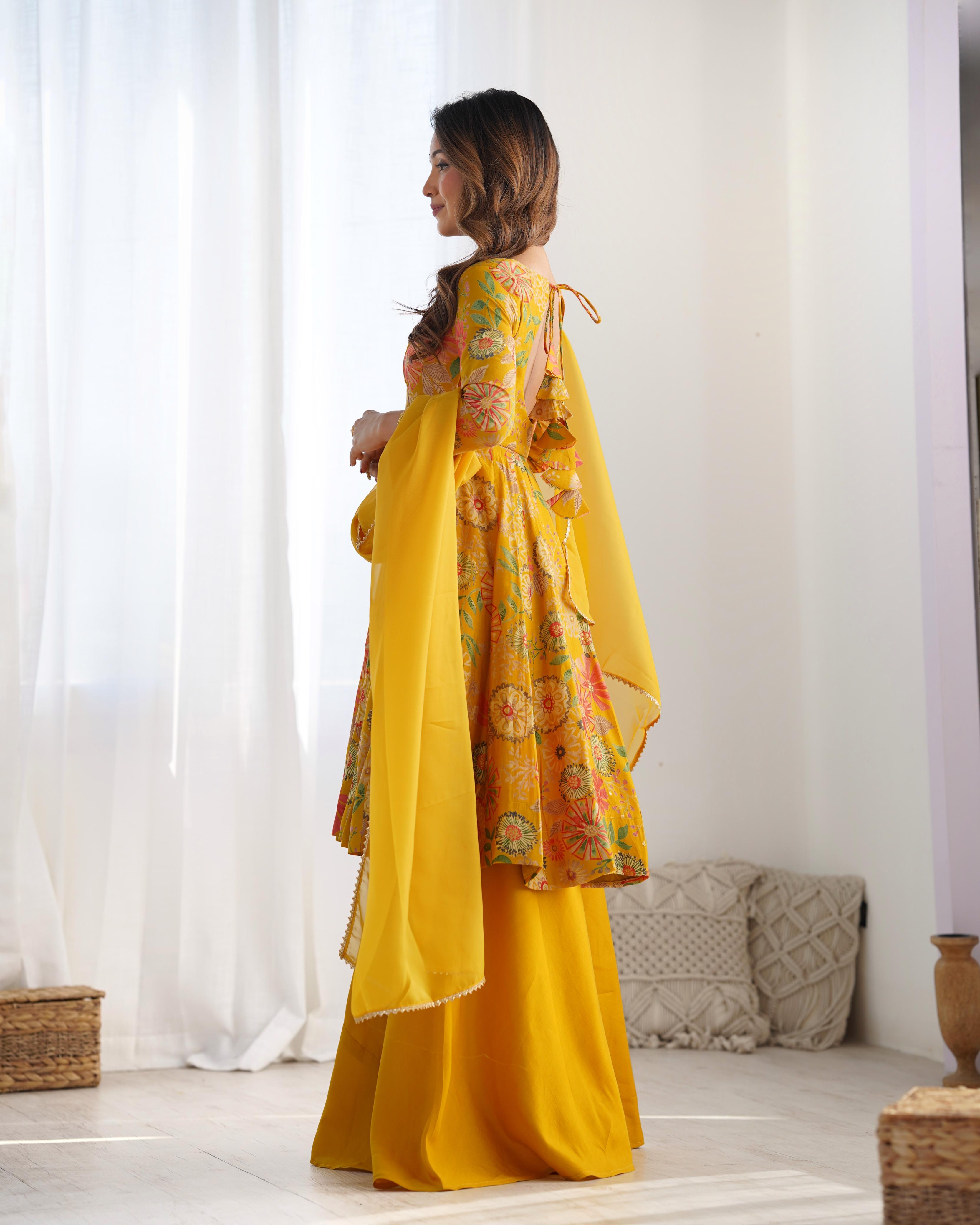 Yellow Pure Roman Silk Chanderi Kediya Set With Huge Flair, Dupatta & Plazo