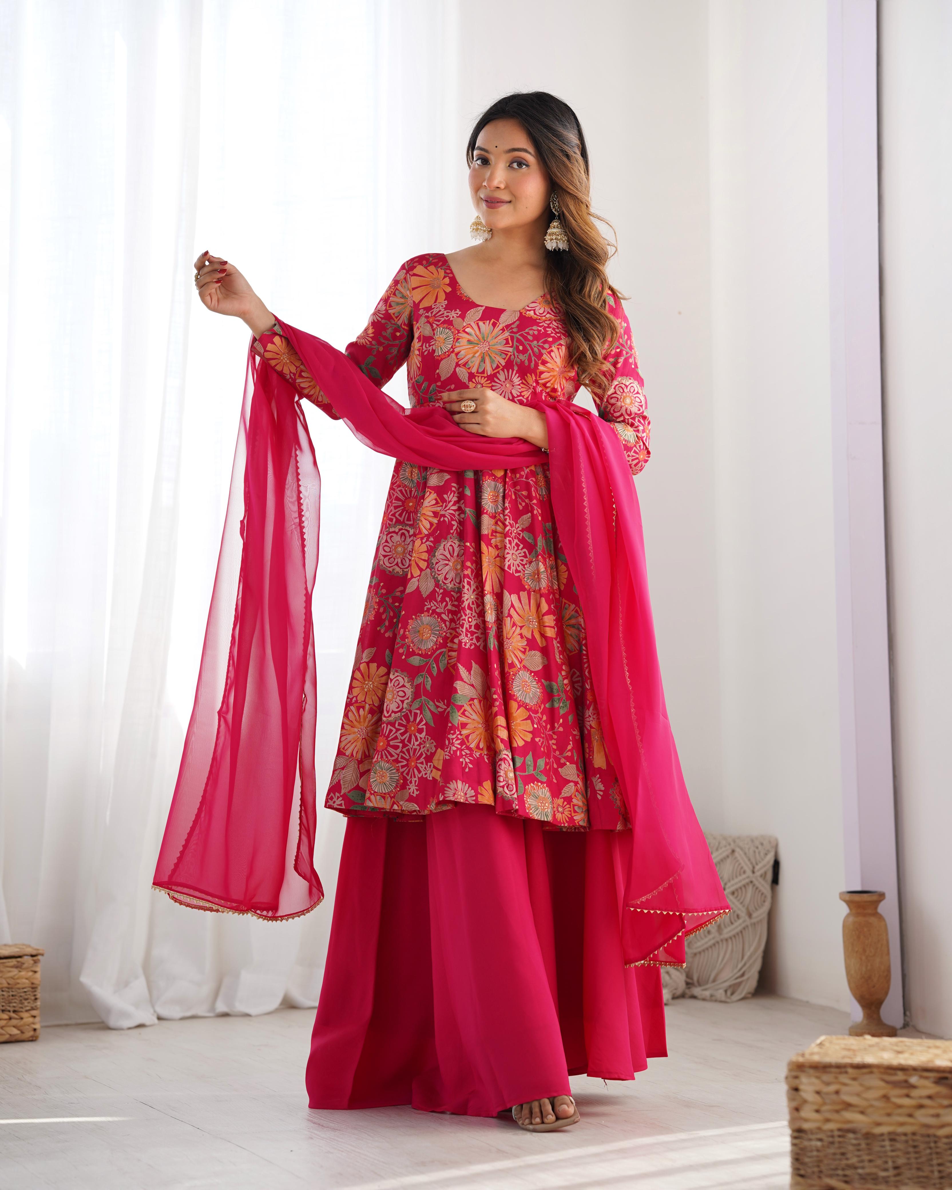 Pink Pure Roman Silk Chanderi Kediya Set With Huge Flair, Dupatta & Plazo