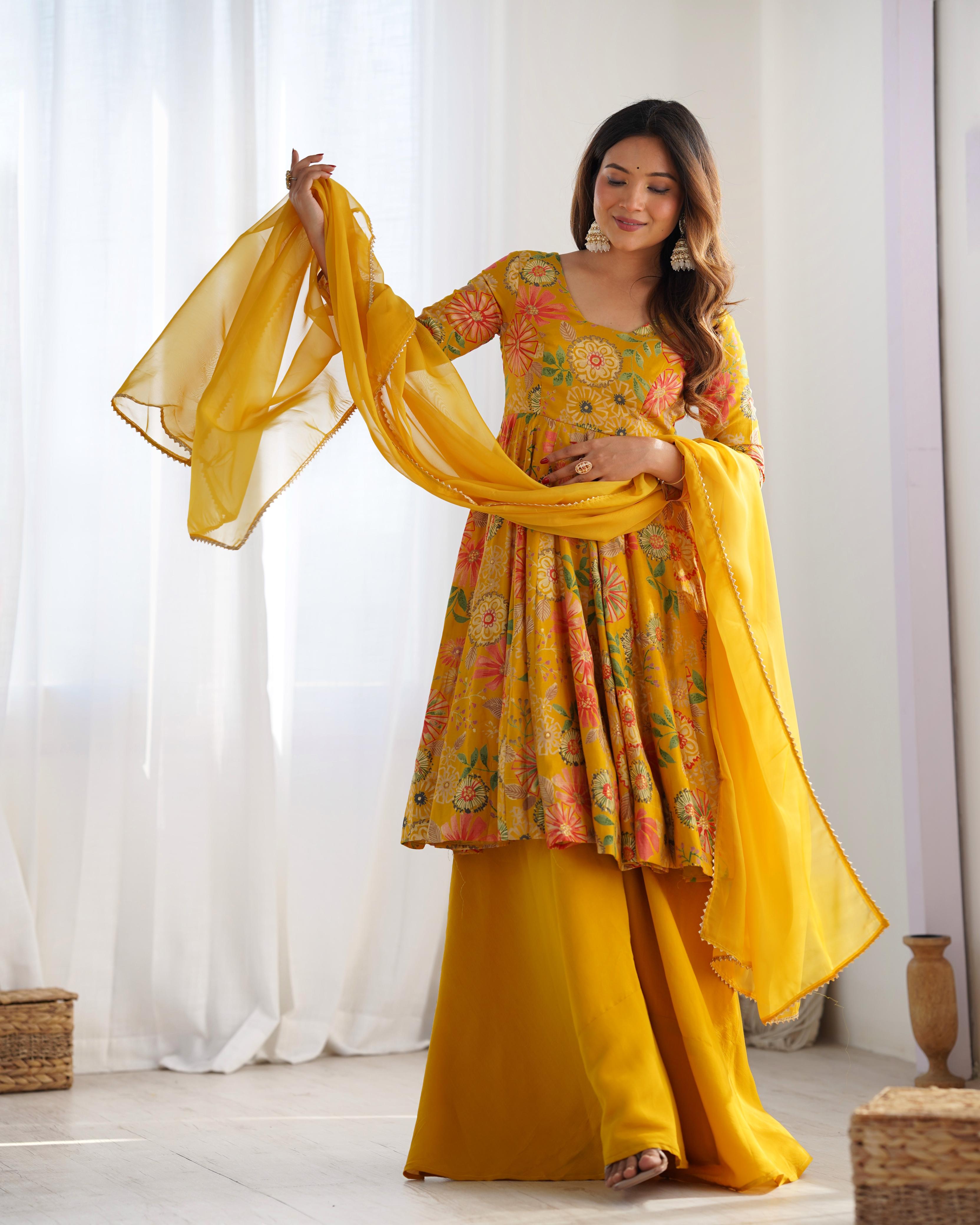 Yellow Pure Roman Silk Chanderi Kediya Set With Huge Flair, Dupatta & Plazo