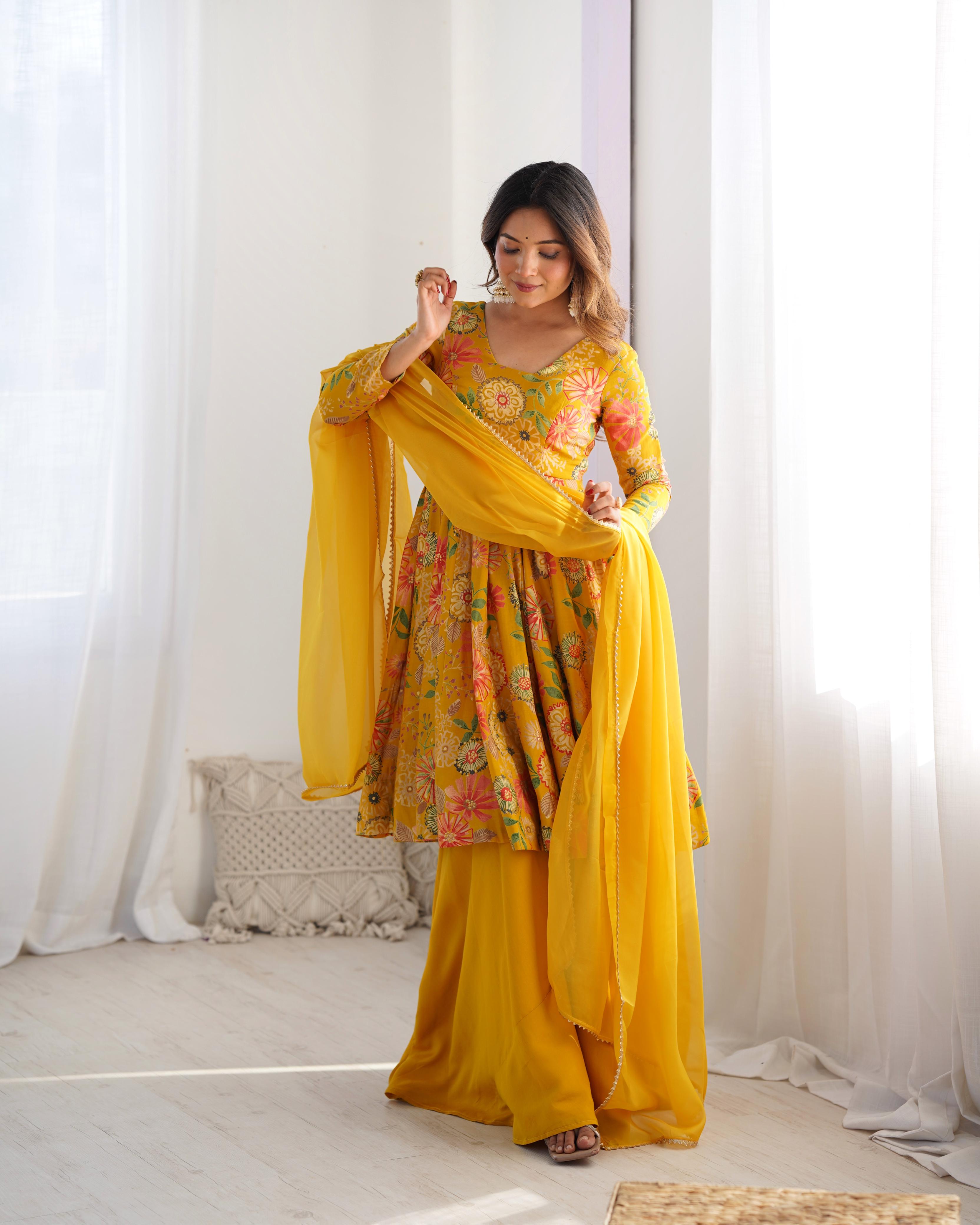 Yellow Pure Roman Silk Chanderi Kediya Set With Huge Flair, Dupatta & Plazo