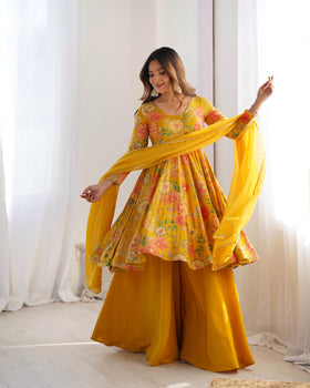 Yellow Pure Roman Silk Chanderi Kediya Set With Huge Flair, Dupatta & Plazo