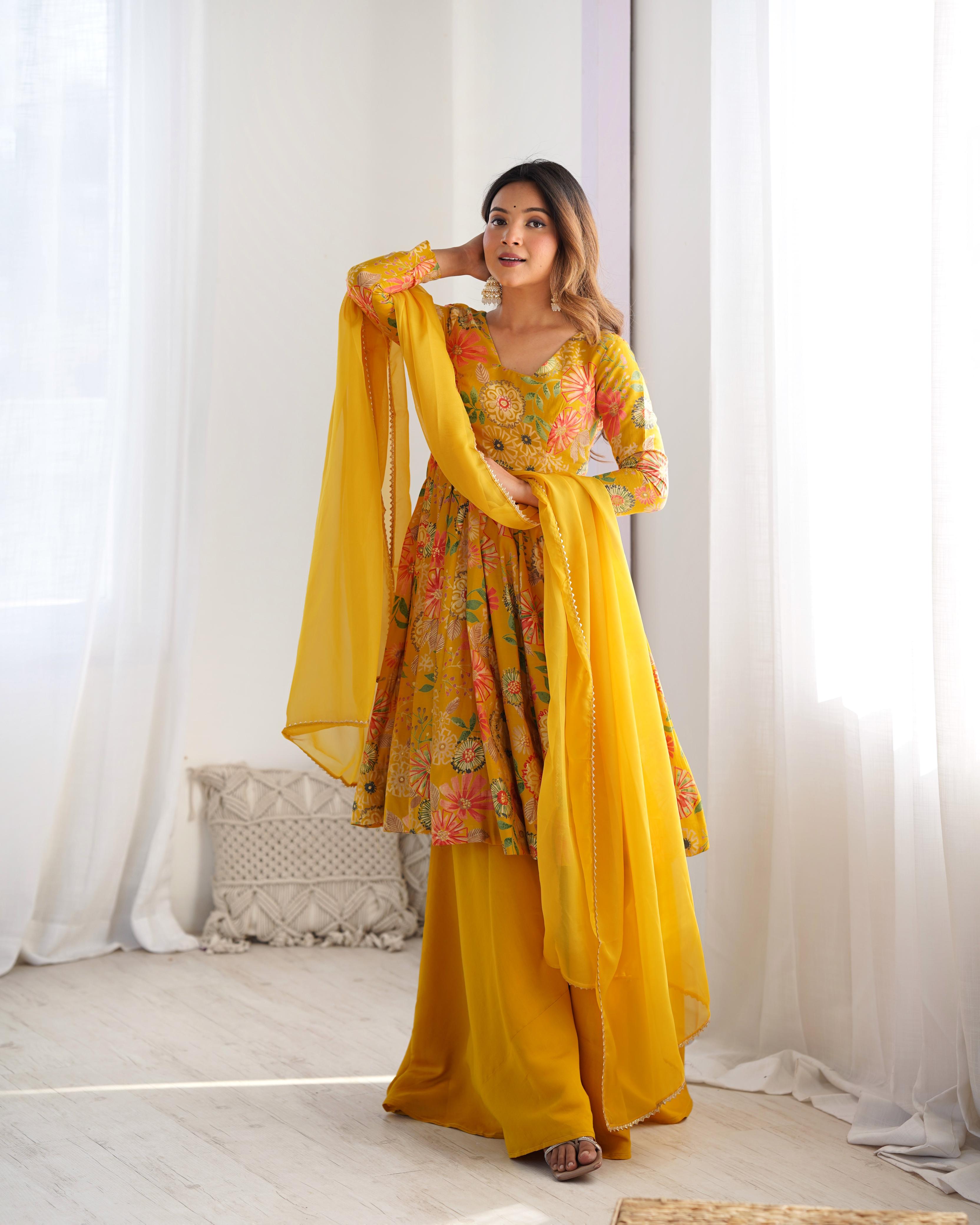 Yellow Pure Roman Silk Chanderi Kediya Set With Huge Flair, Dupatta & Plazo