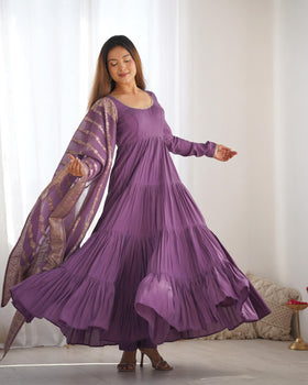 Dusty Lilac Pure Roman Silk Chanderi Anarkali Suit Set With Huge Flair, Dupatta & Pant