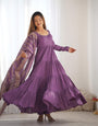 Dusty Lilac Pure Roman Silk Chanderi Anarkali Suit Set With Huge Flair, Dupatta & Pant