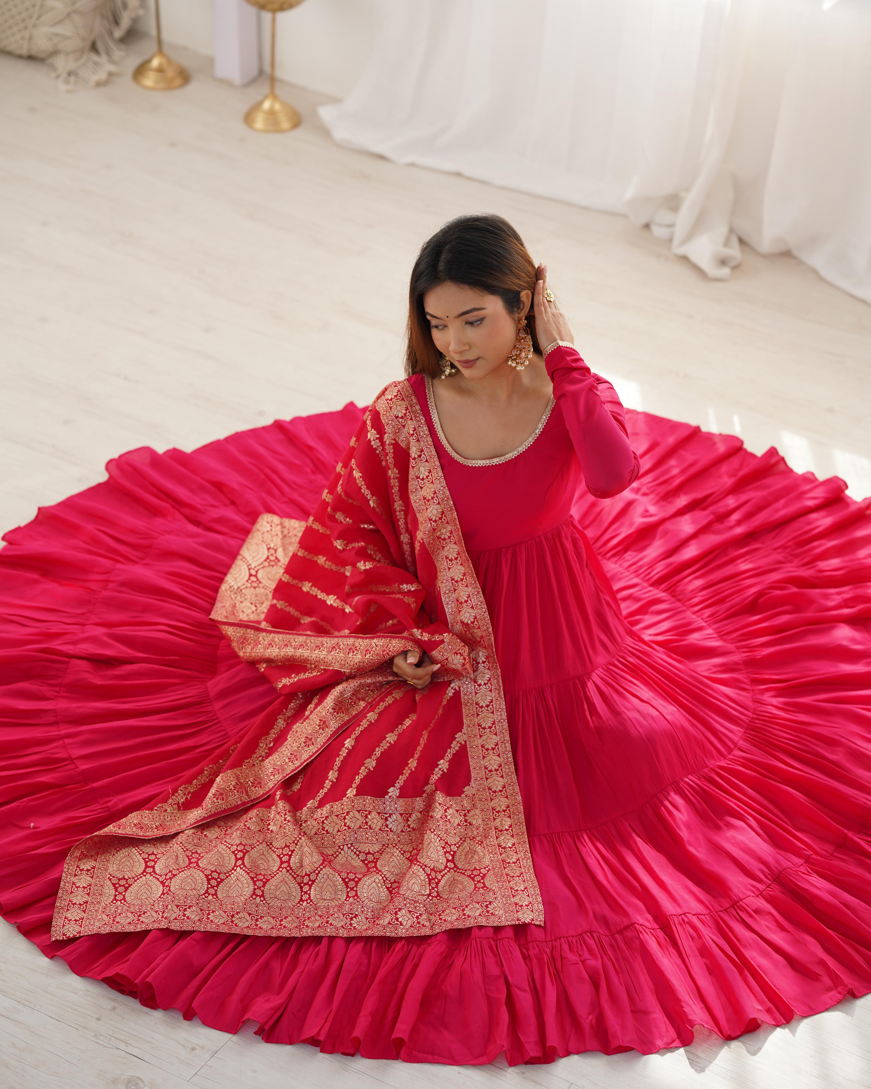 Pink Pure Roman Silk Chanderi Anarkali Suit Set With Huge Flair, Dupatta & Pant