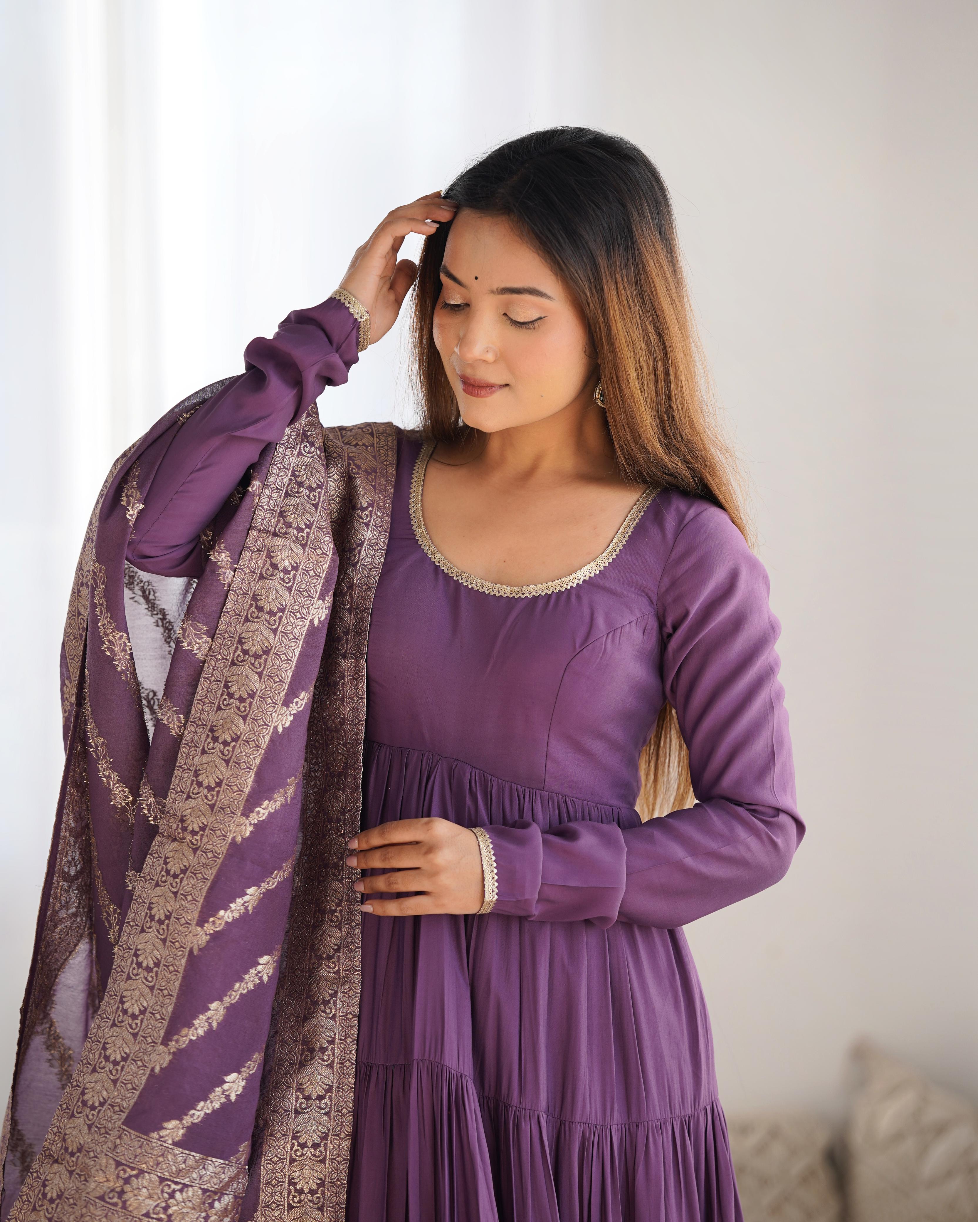 Dusty Lilac Pure Roman Silk Chanderi Anarkali Suit Set With Huge Flair, Dupatta & Pant