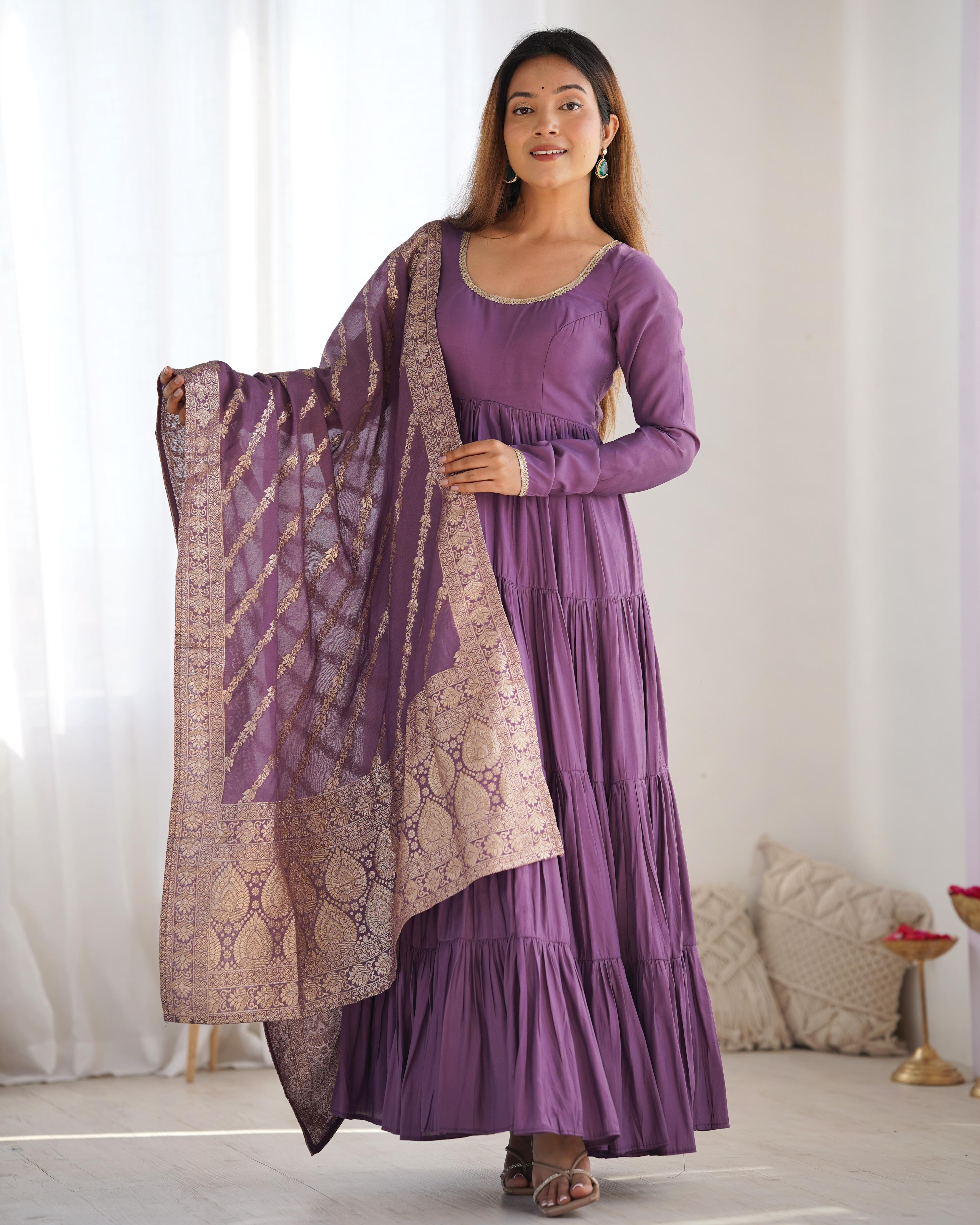 Dusty Lilac Pure Roman Silk Chanderi Anarkali Suit Set With Huge Flair, Dupatta & Pant