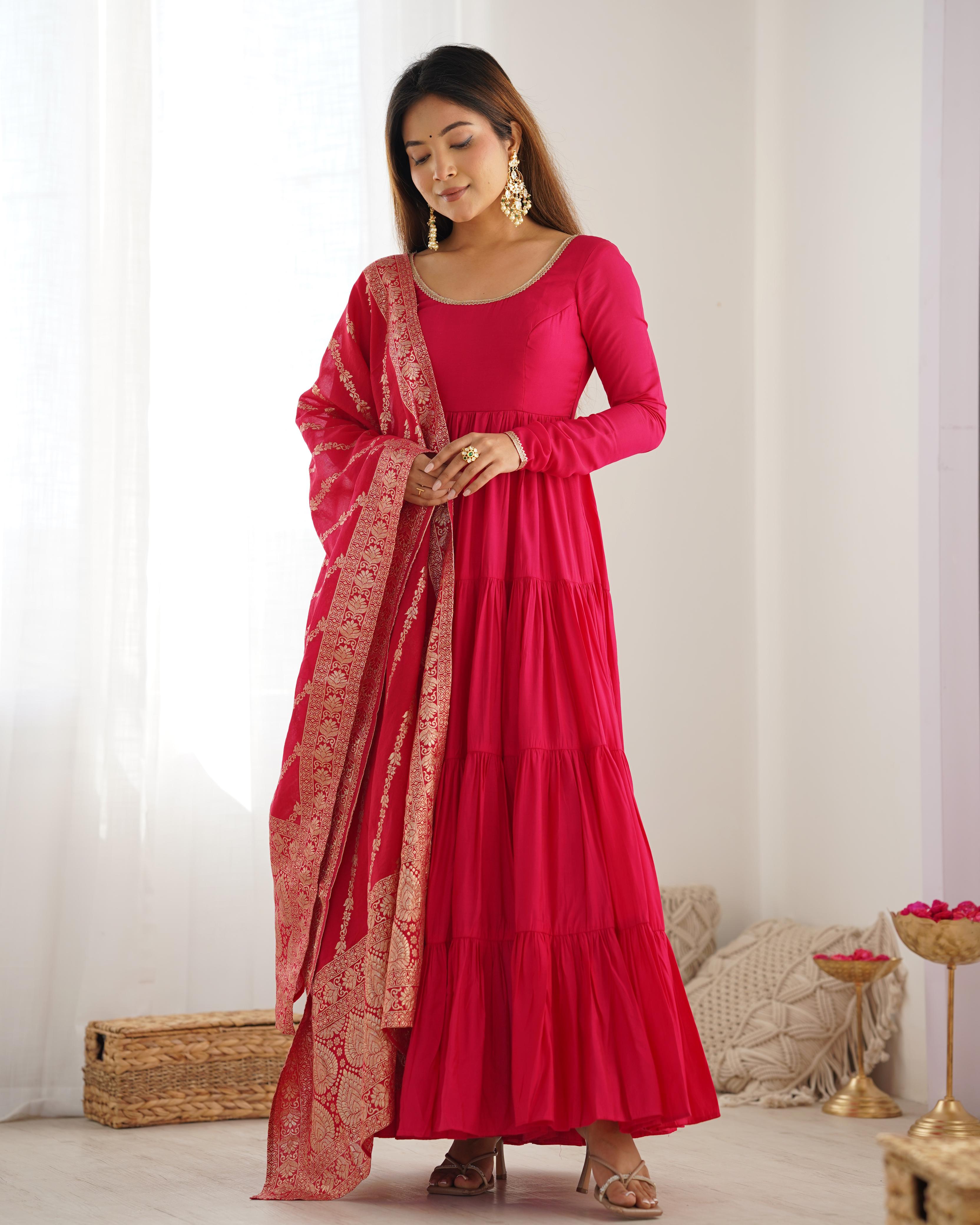 Pink Pure Roman Silk Chanderi Anarkali Suit Set With Huge Flair, Dupatta & Pant