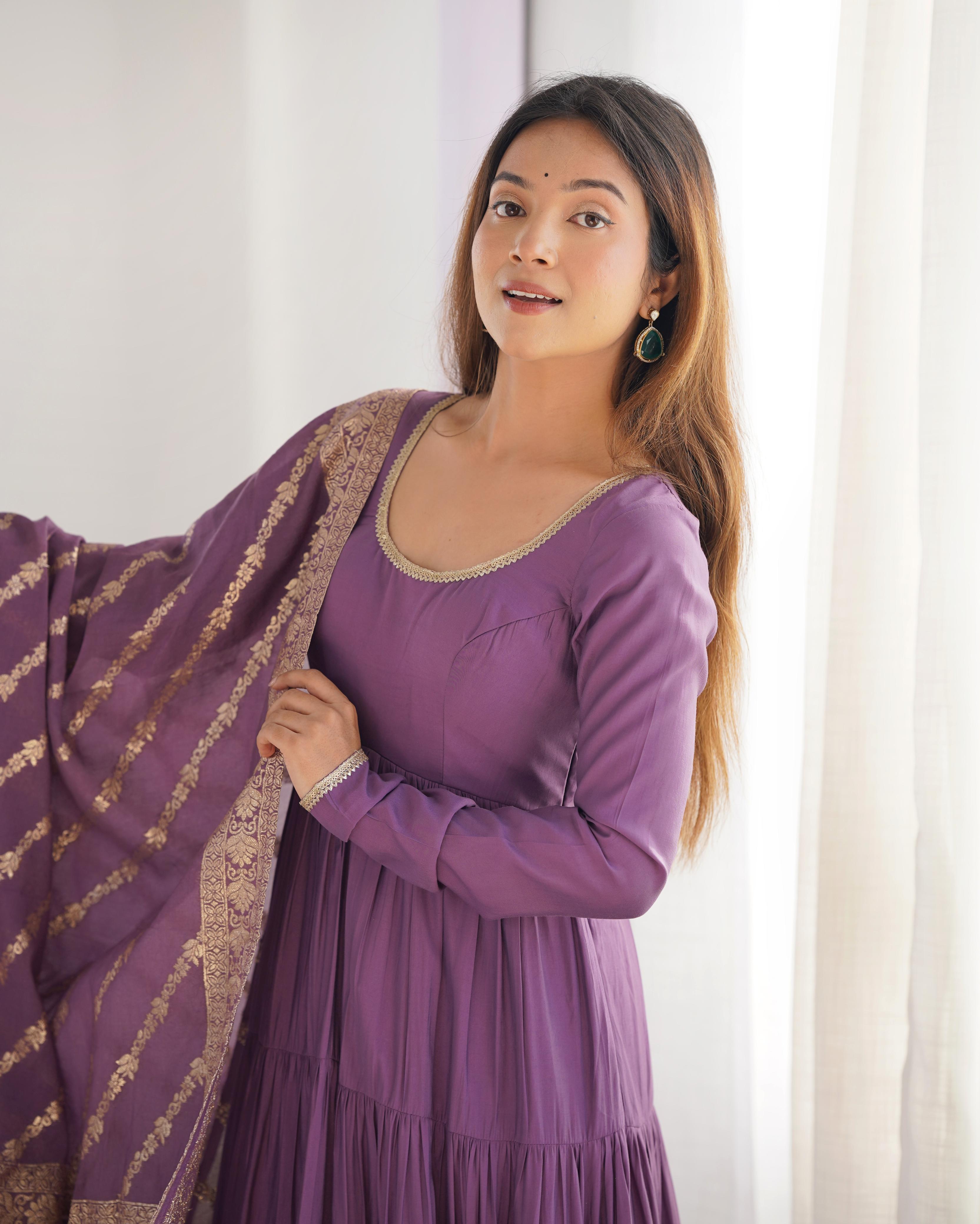 Dusty Lilac Pure Roman Silk Chanderi Anarkali Suit Set With Huge Flair, Dupatta & Pant