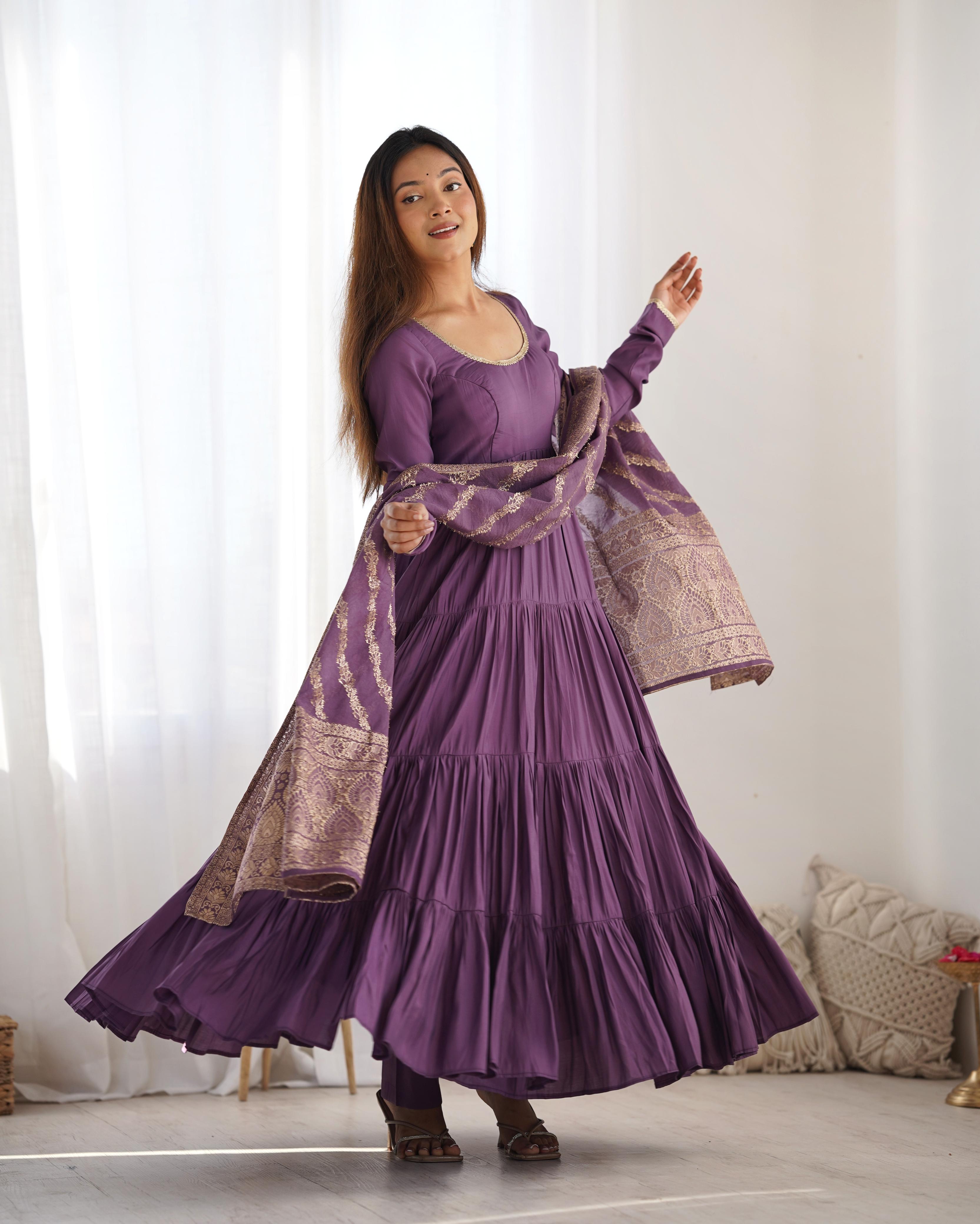 Dusty Lilac Pure Roman Silk Chanderi Anarkali Suit Set With Huge Flair, Dupatta & Pant