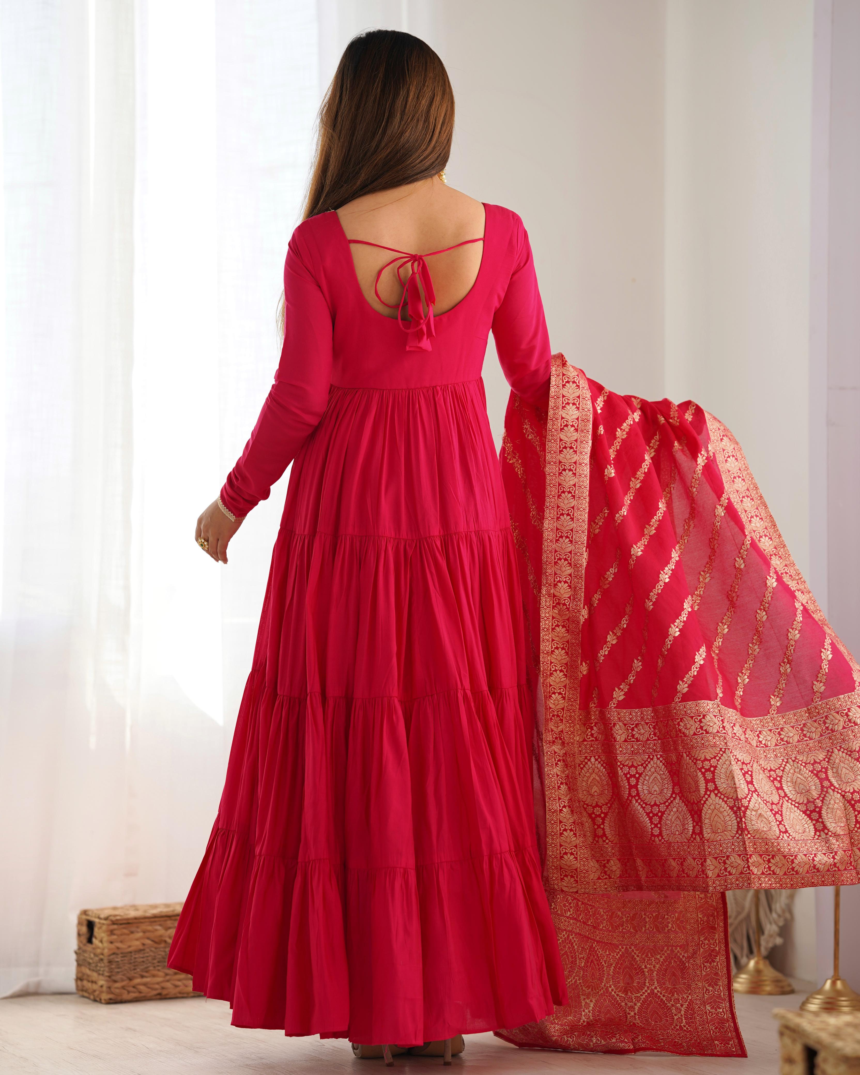 Pink Pure Roman Silk Chanderi Anarkali Suit Set With Huge Flair, Dupatta & Pant