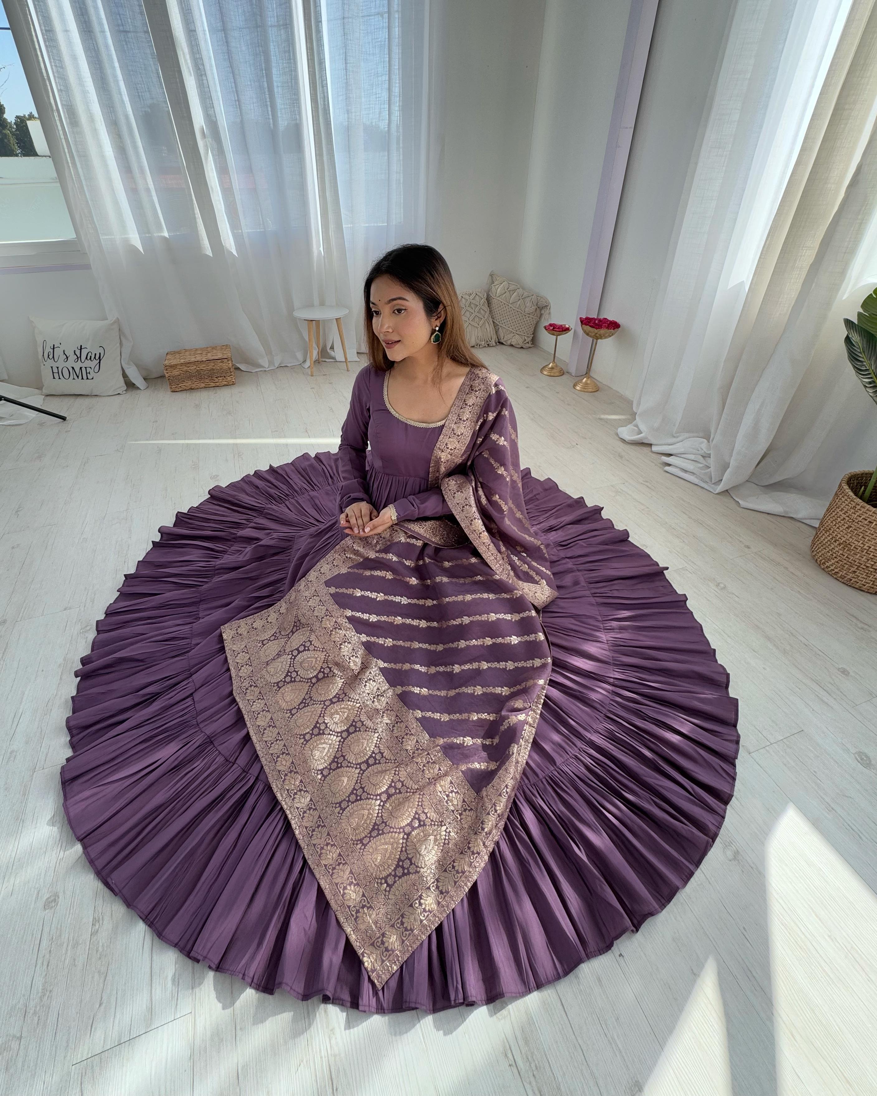 Dusty Lilac Pure Roman Silk Chanderi Anarkali Suit Set With Huge Flair, Dupatta & Pant