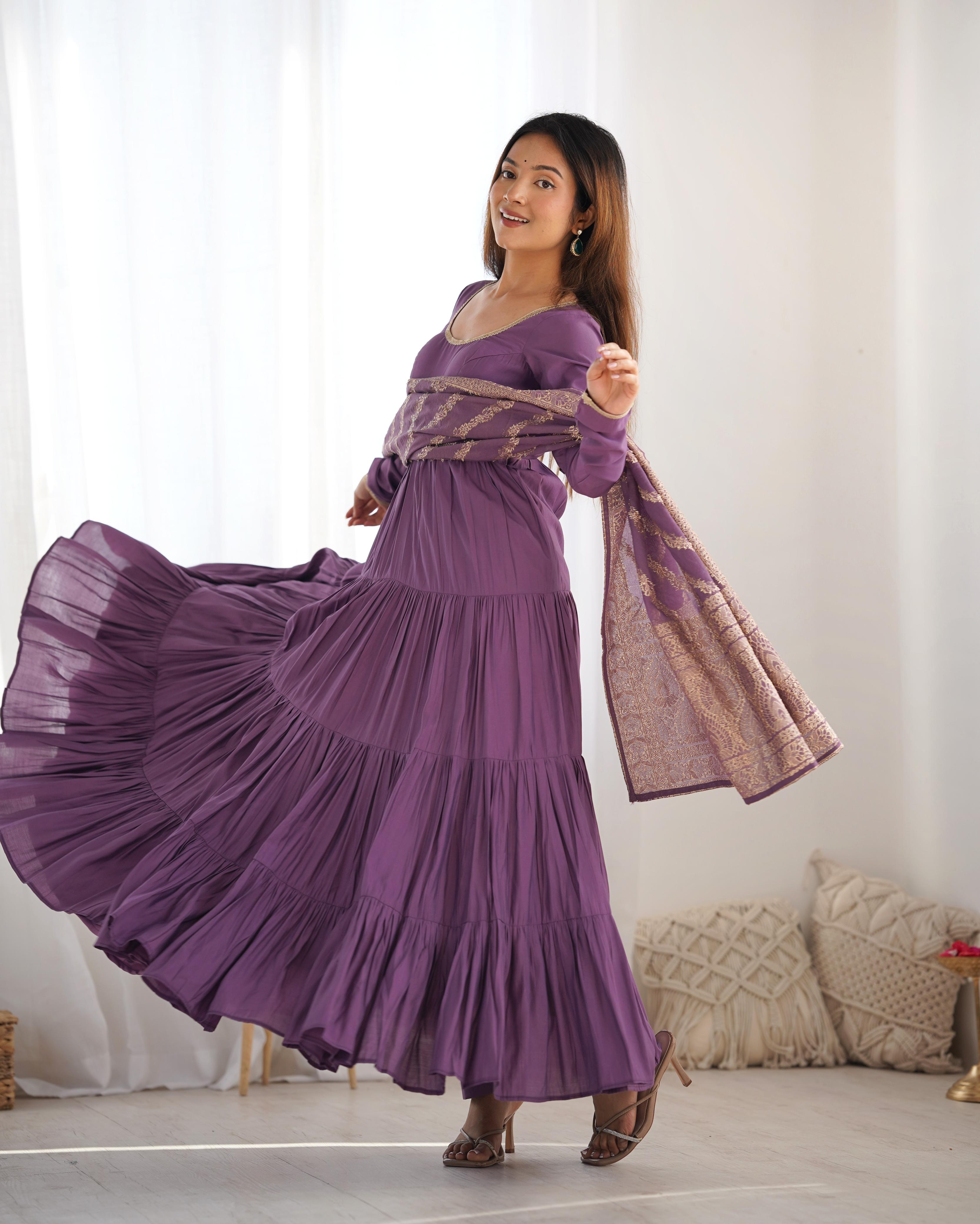 Dusty Lilac Pure Roman Silk Chanderi Anarkali Suit Set With Huge Flair, Dupatta & Pant