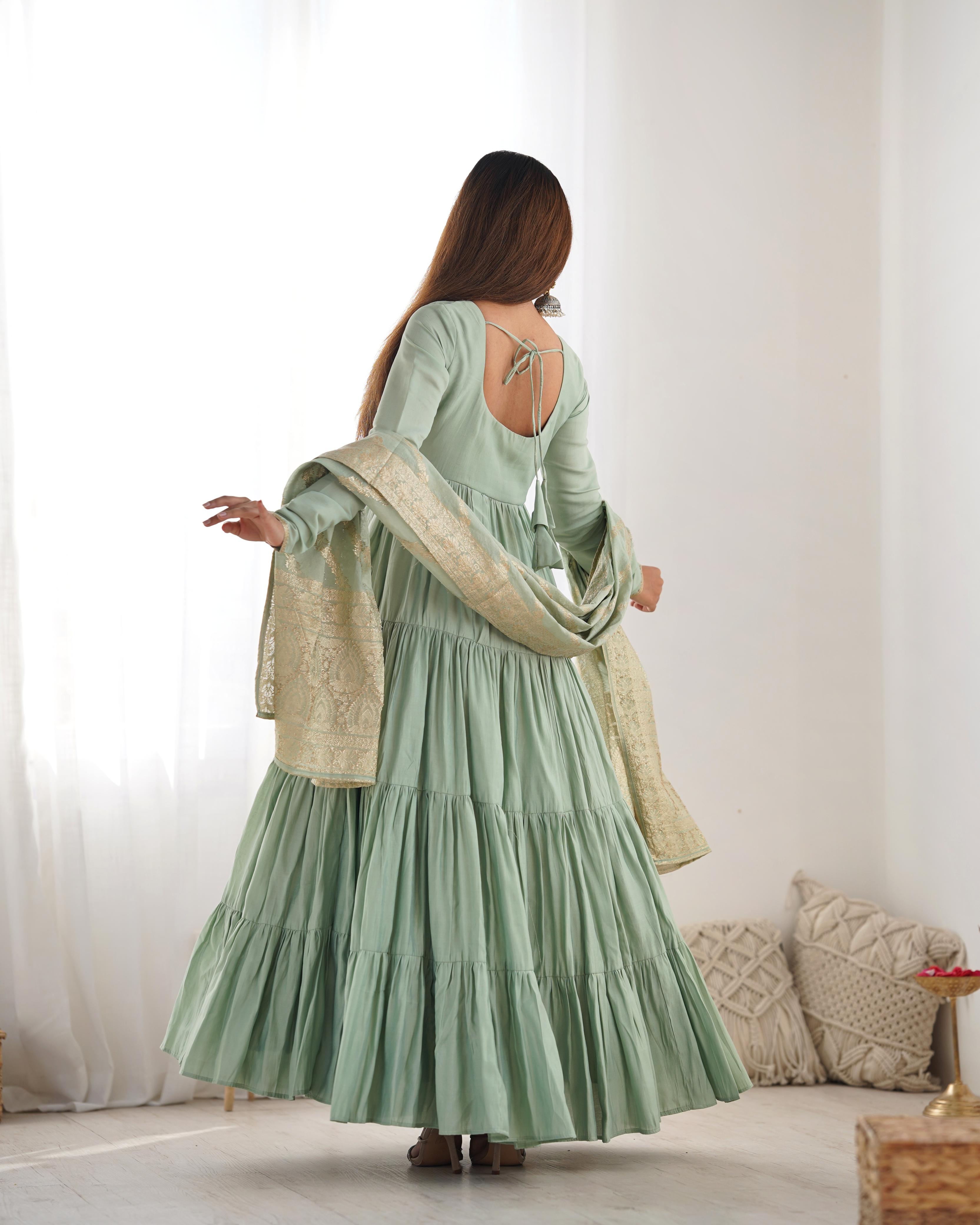 Pista Pure Roman Silk Chanderi Anarkali Suit Set With Huge Flair, Dupatta & Pant