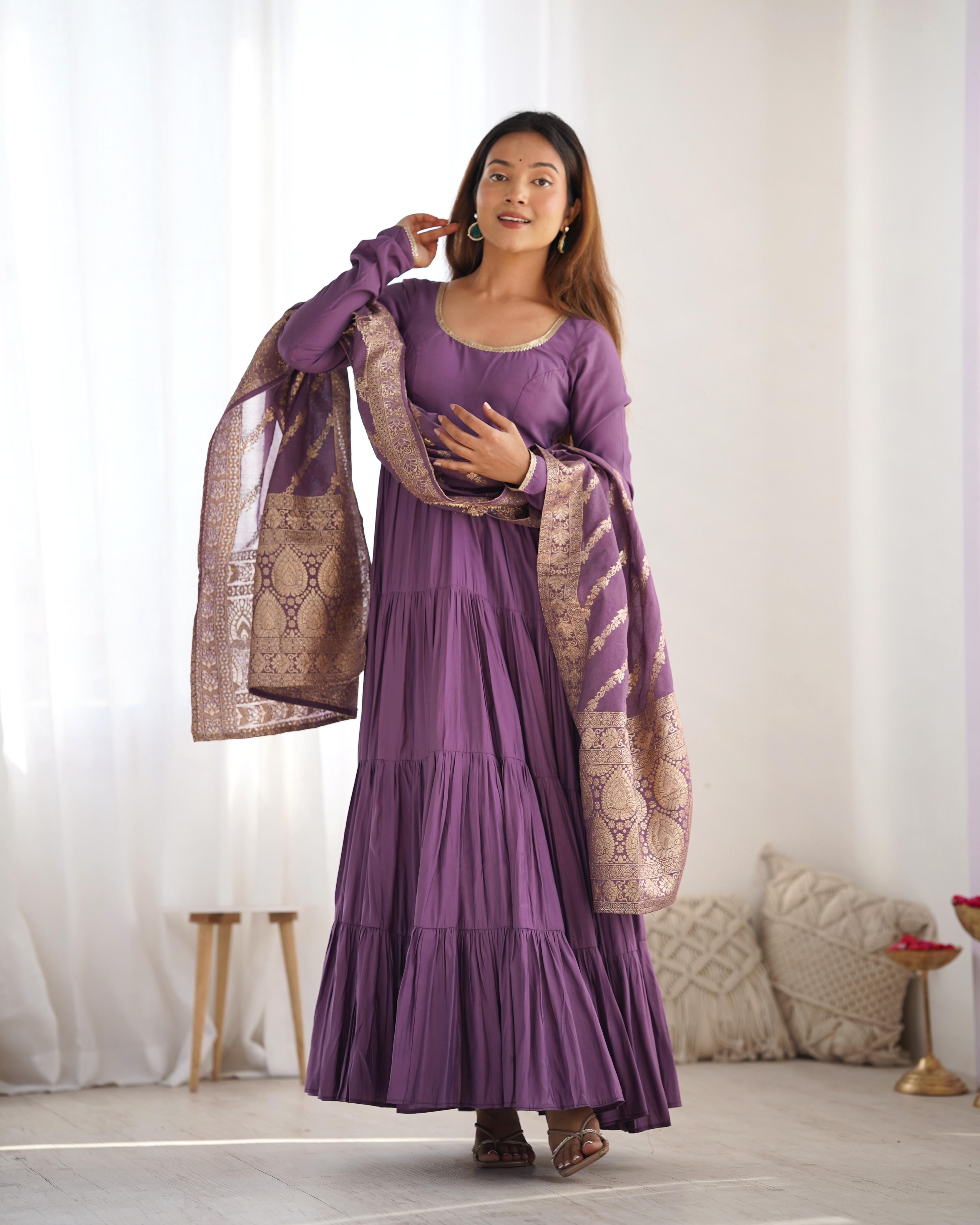 Dusty Lilac Pure Roman Silk Chanderi Anarkali Suit Set With Huge Flair, Dupatta & Pant