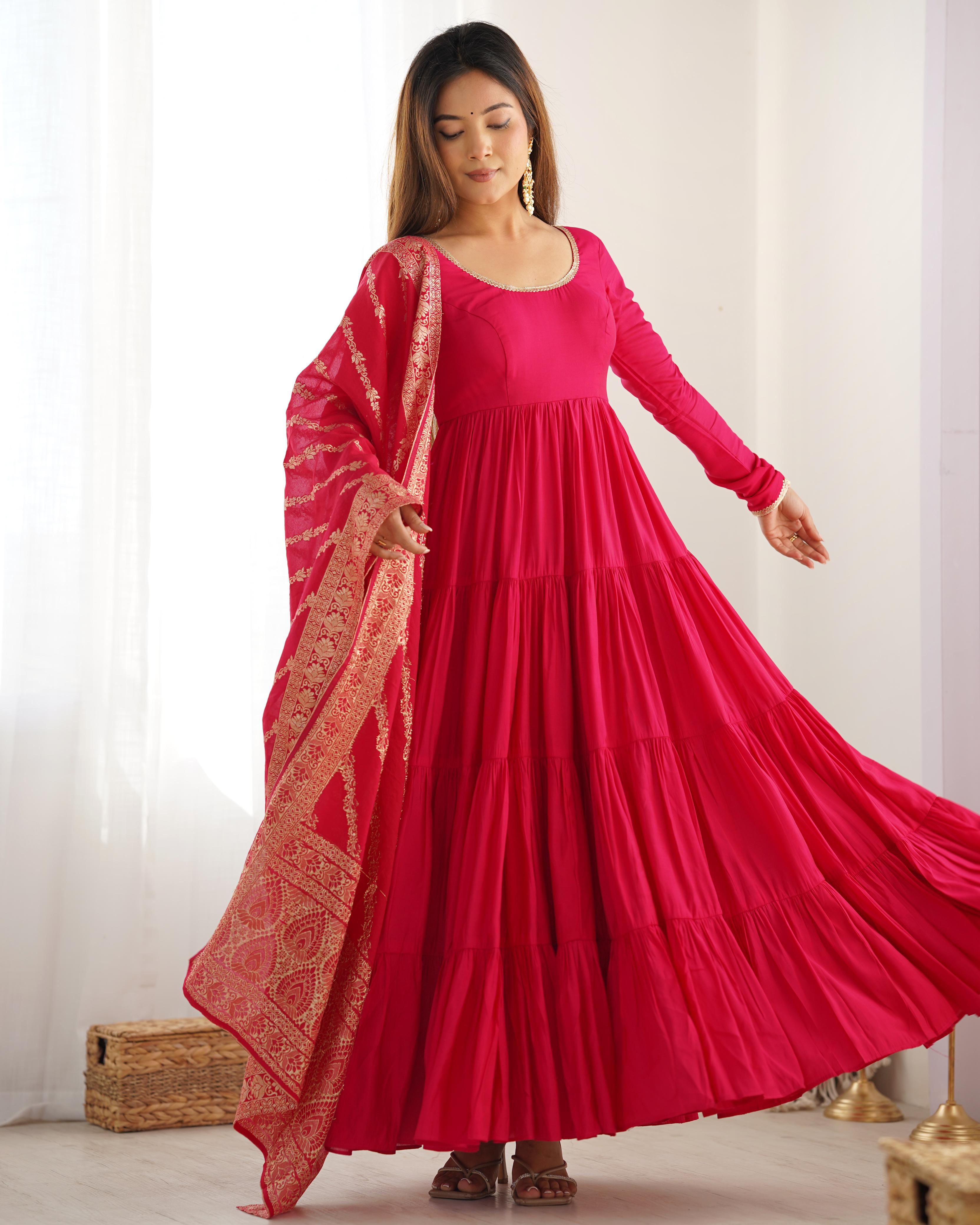 Pink Pure Roman Silk Chanderi Anarkali Suit Set With Huge Flair, Dupatta & Pant