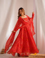 Red Pure Soft Lightweight Chiffon Anarkali Suit Set With Huge Flair, Dupatta & Pant