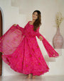 Pink Pure Soft Lightweight Chiffon Anarkali Suit Set With Huge Flair, Dupatta & Pant