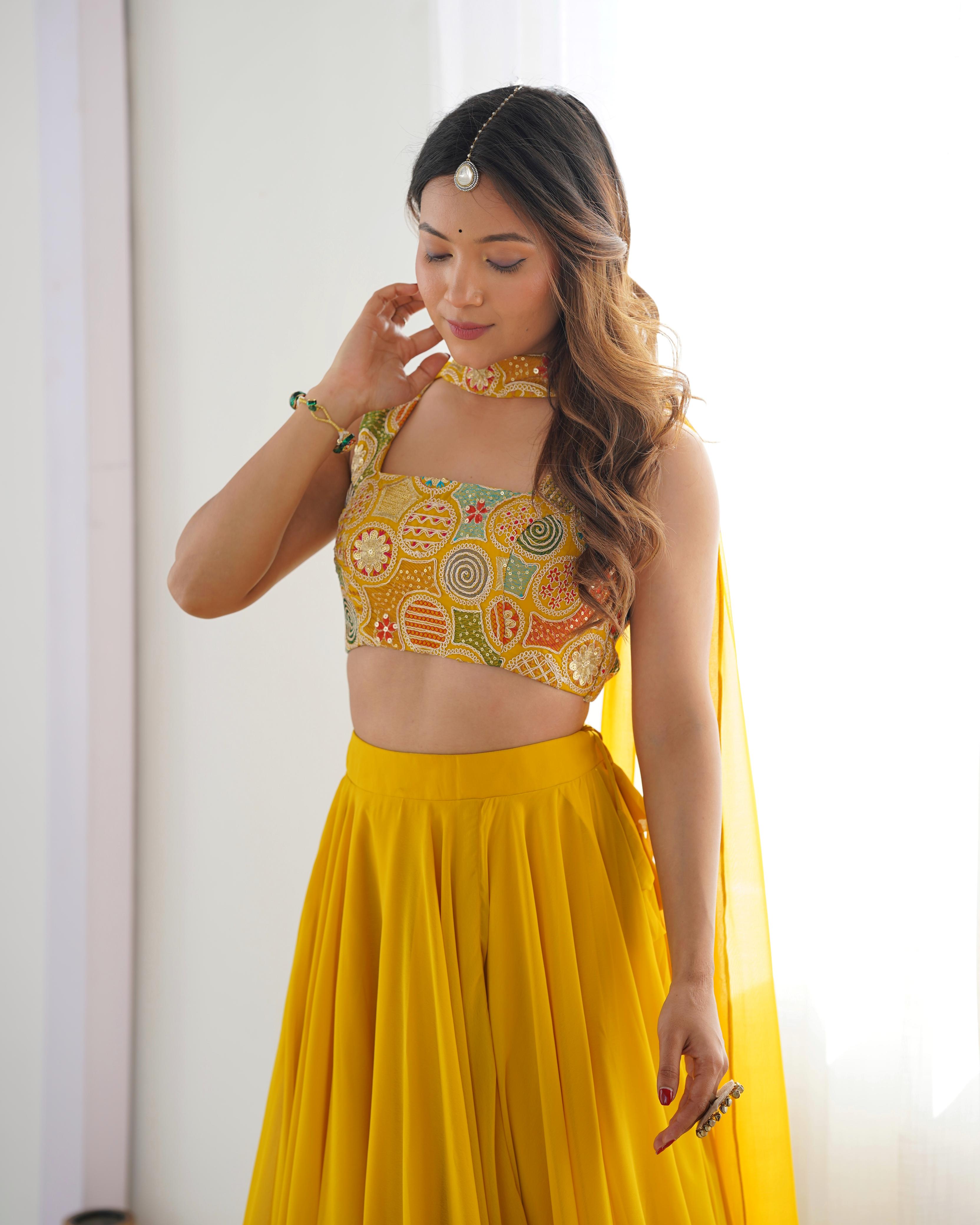 Yellow Pure Soft Fox Georgette Lehenga Set With Huge Flair & Dupatta