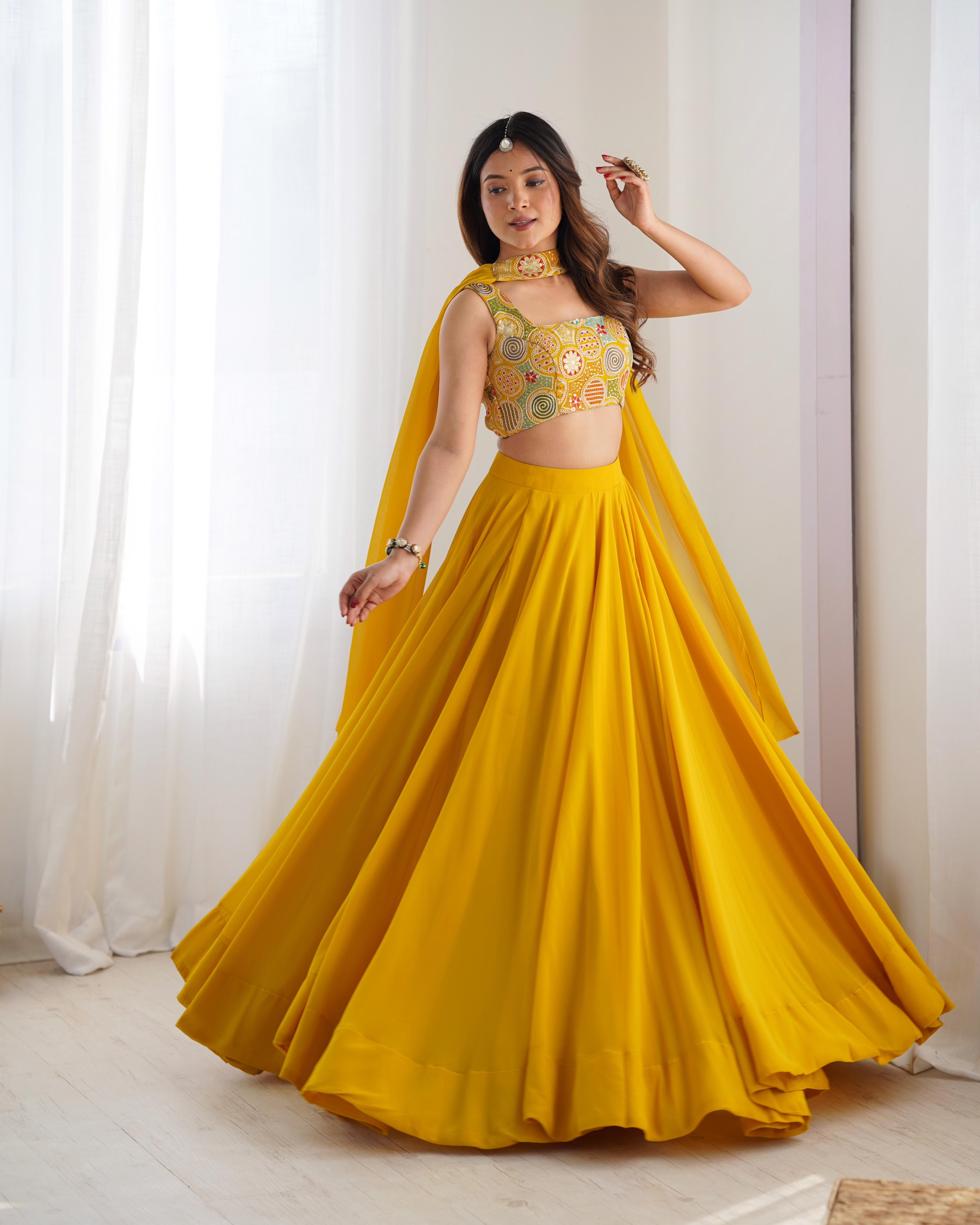 Yellow Pure Soft Fox Georgette Lehenga Set With Huge Flair & Dupatta