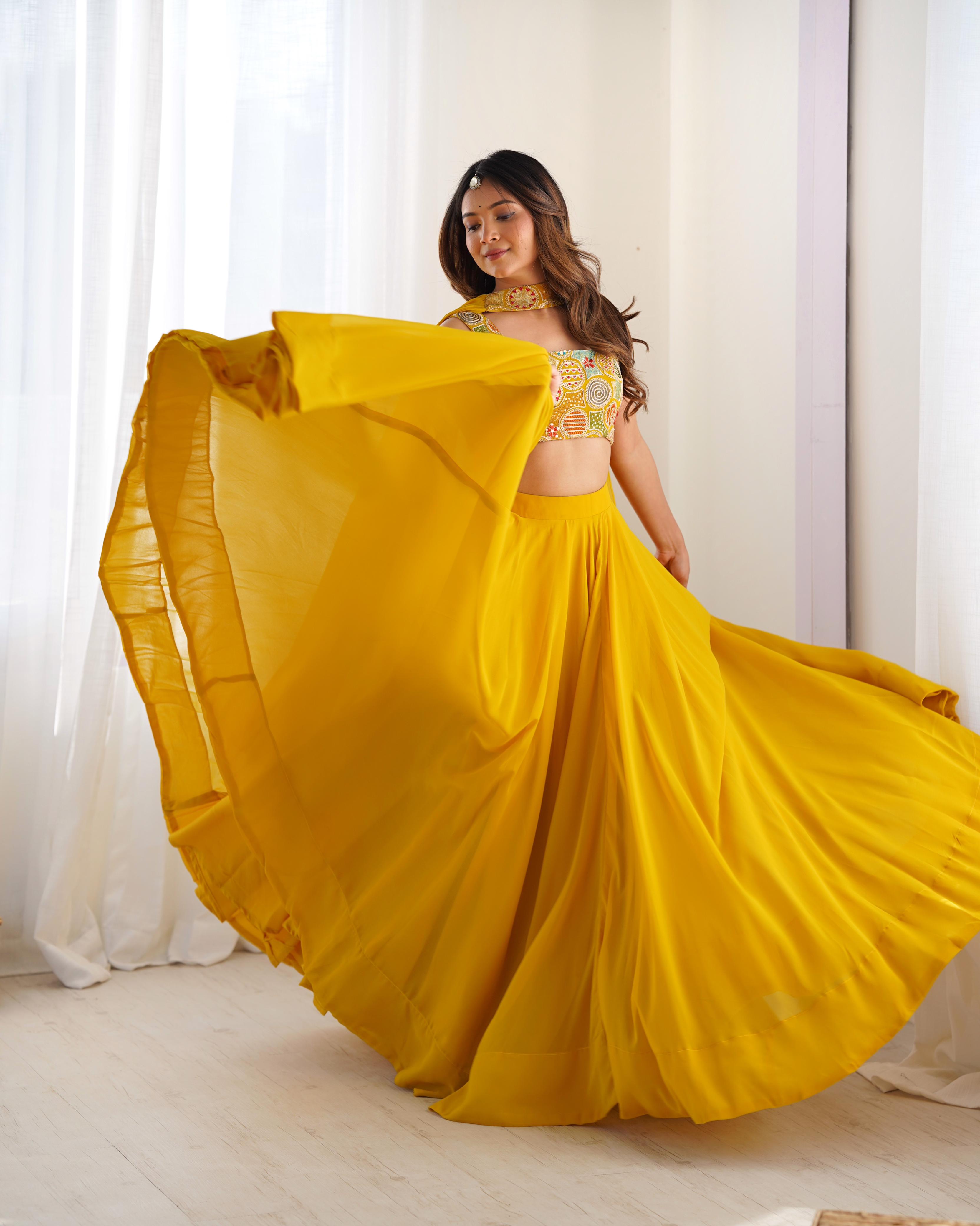 Yellow Pure Soft Fox Georgette Lehenga Set With Huge Flair & Dupatta