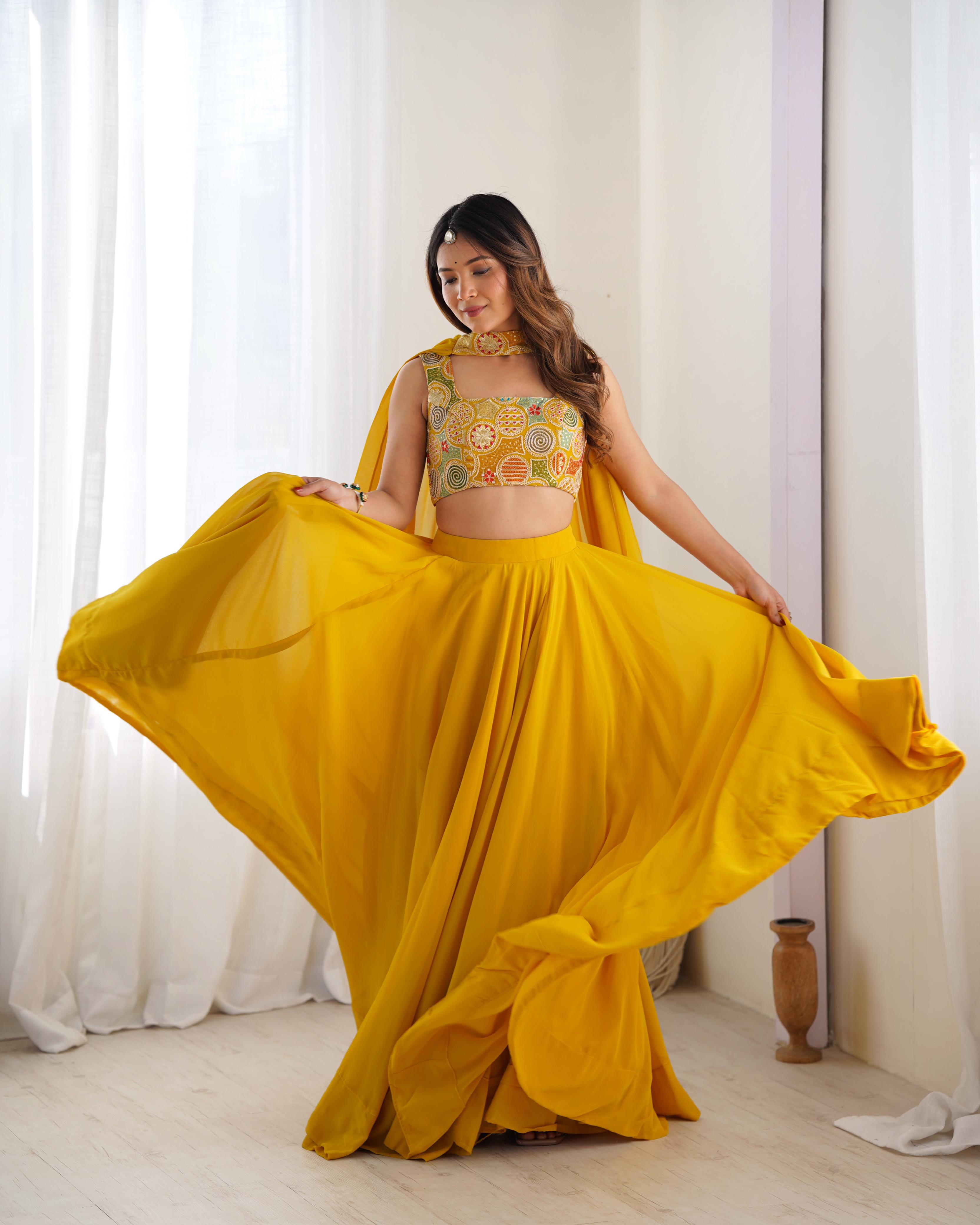 Yellow Pure Soft Fox Georgette Lehenga Set With Huge Flair & Dupatta