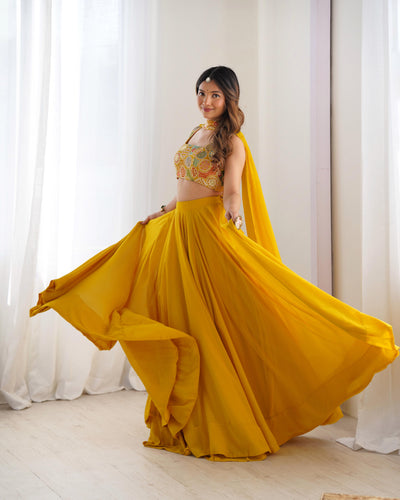 Yellow Pure Soft Fox Georgette Lehenga Set With Huge Flair & Dupatta