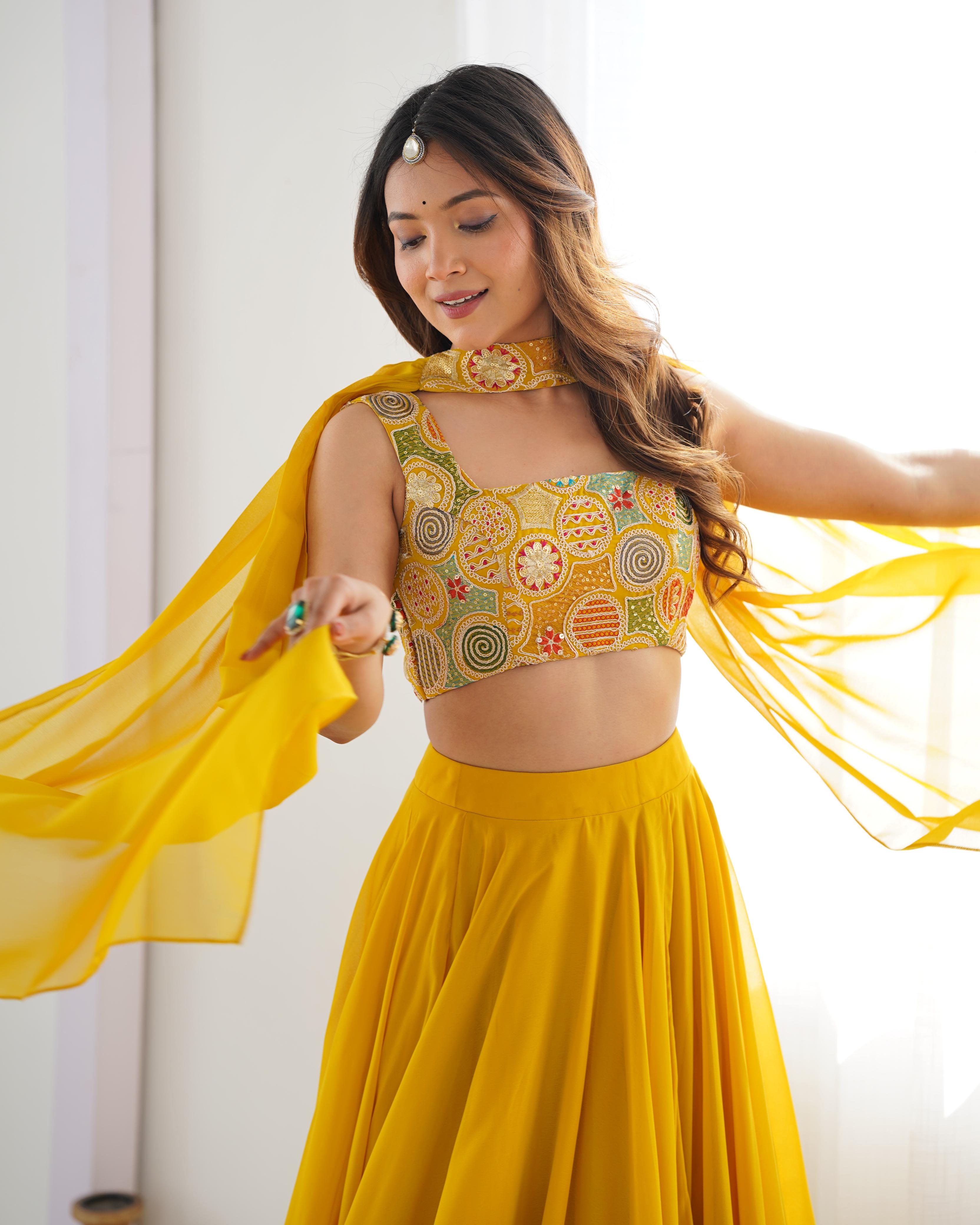 Yellow Pure Soft Fox Georgette Lehenga Set With Huge Flair & Dupatta