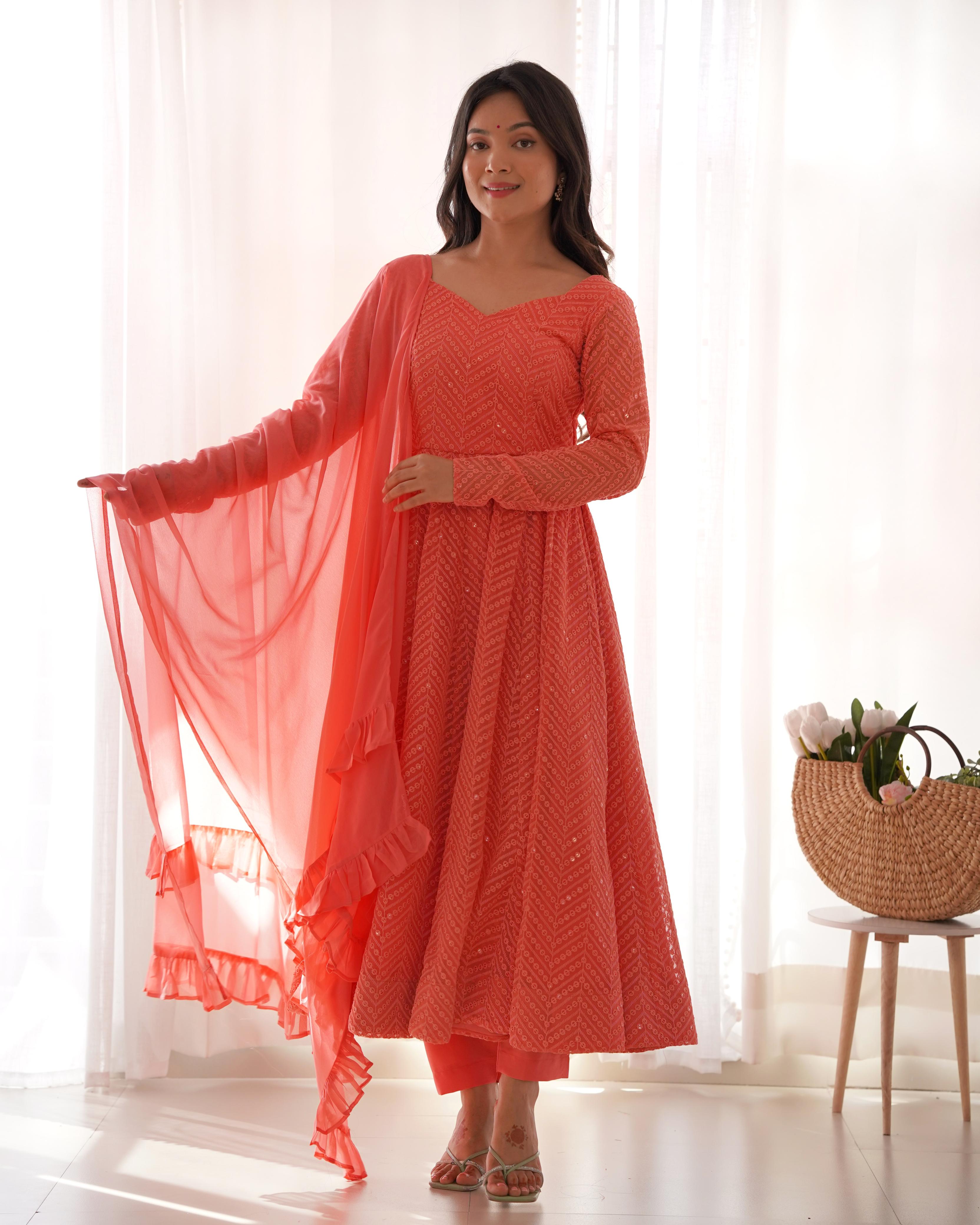 Peach Pure Soft Fox Georgette Anarkali Suit Set With Huge Flair, Dupatta & Pant