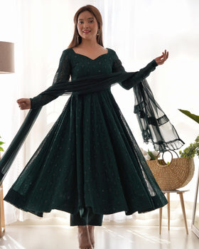 Green Pure Soft Fox Georgette Anarkali Suit Set With Huge Flair, Dupatta & Pant