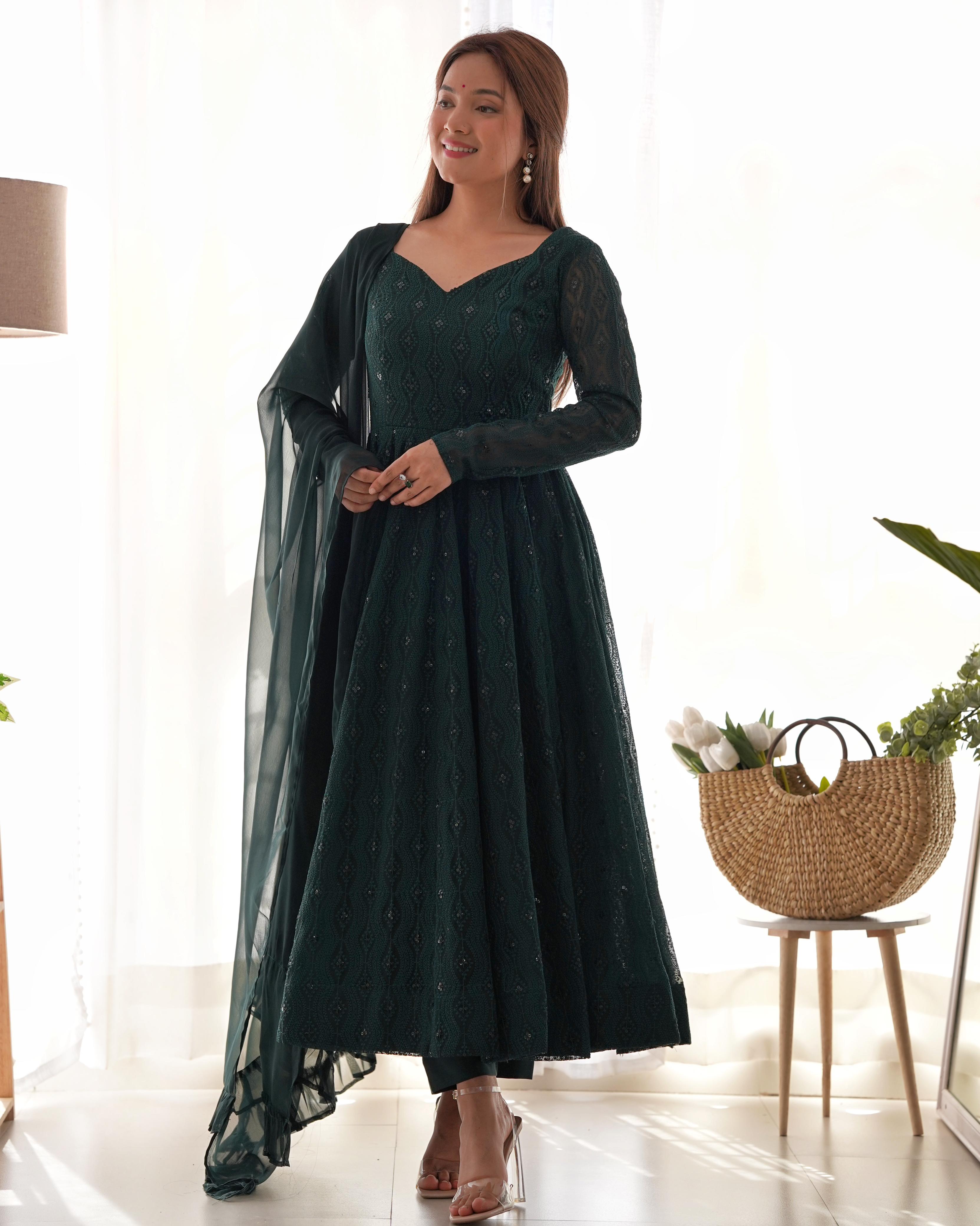 Green Pure Soft Fox Georgette Anarkali Suit Set With Huge Flair, Dupatta & Pant