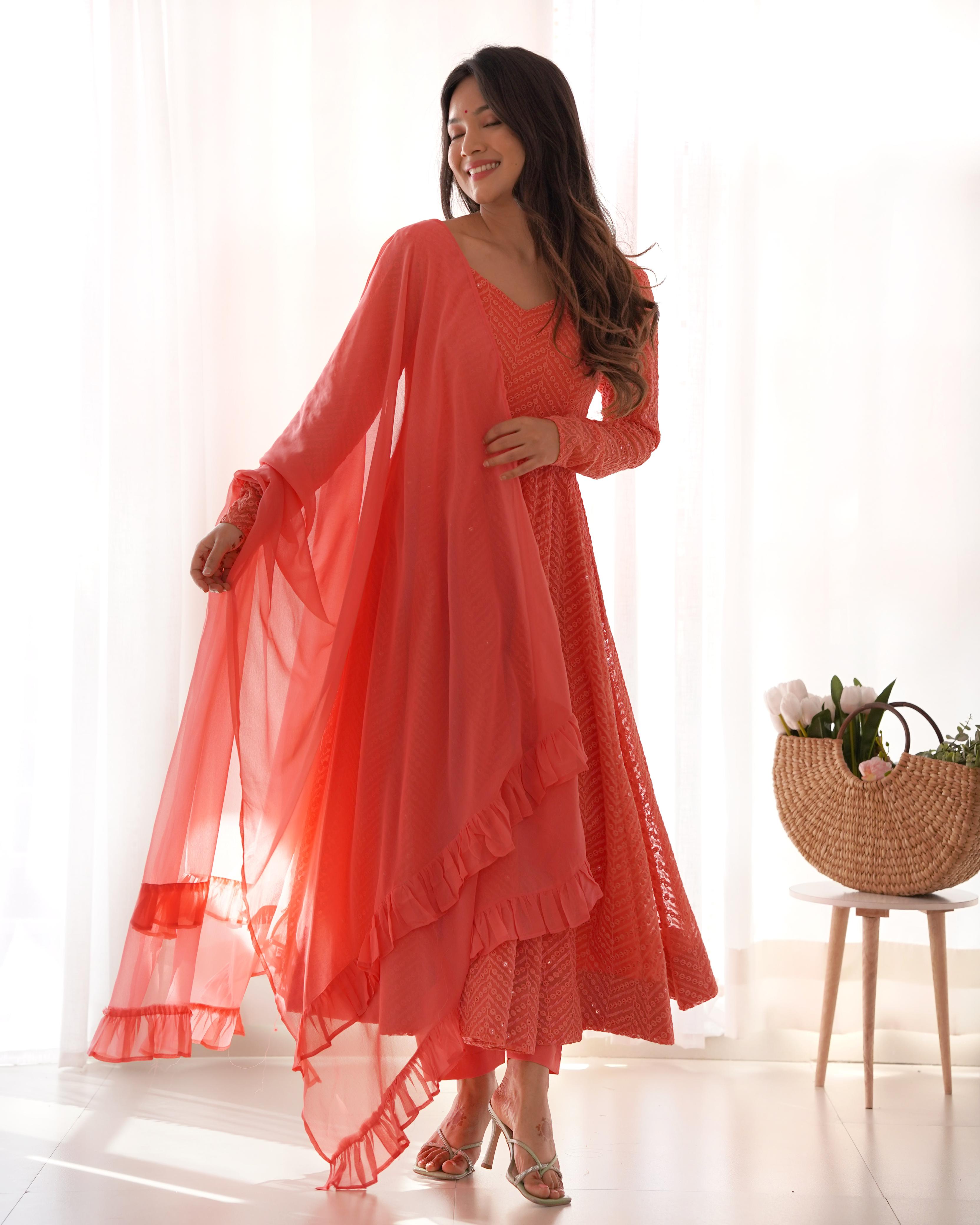 Peach Pure Soft Fox Georgette Anarkali Suit Set With Huge Flair, Dupatta & Pant