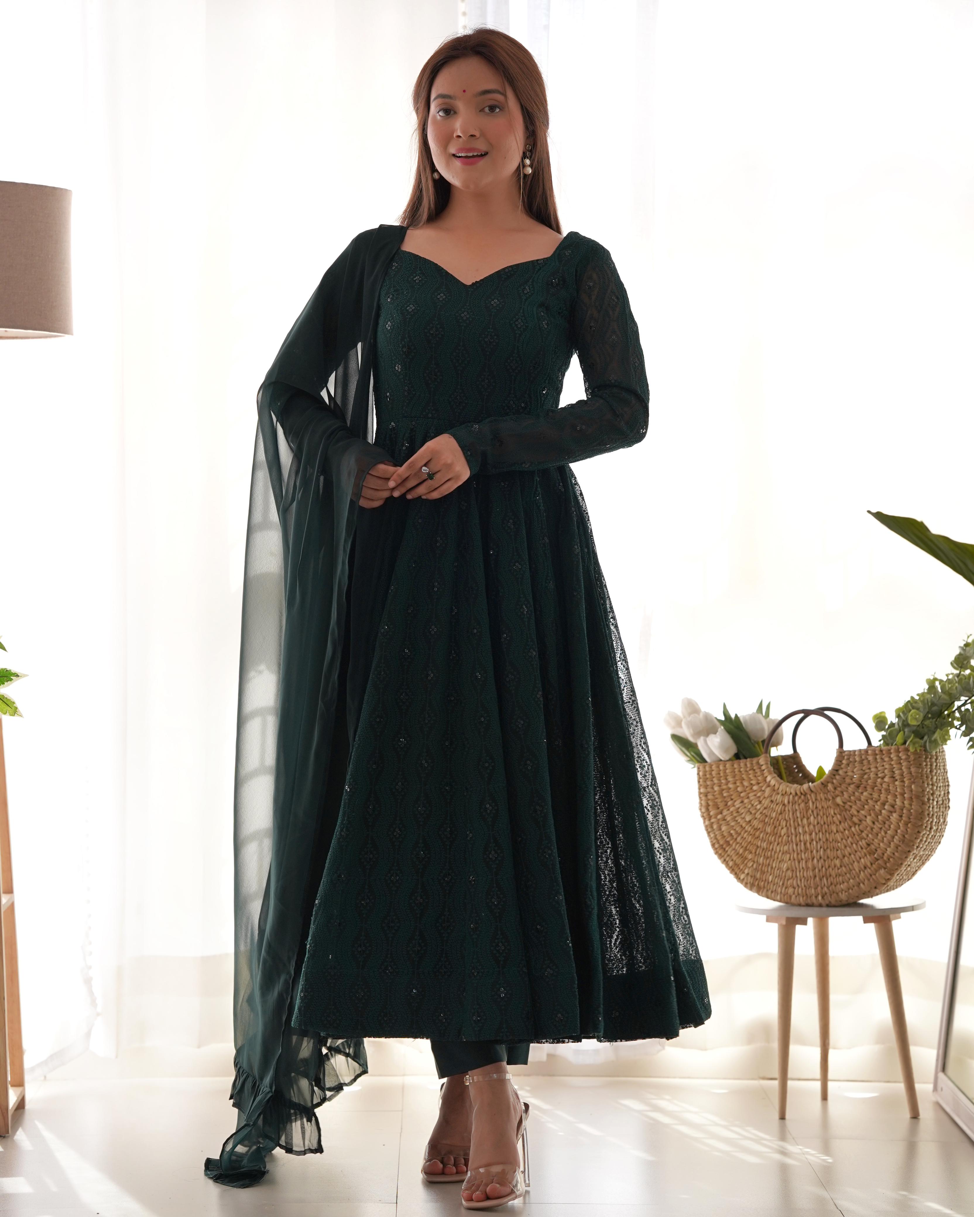 Green Pure Soft Fox Georgette Anarkali Suit Set With Huge Flair, Dupatta & Pant