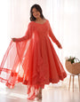 Peach Pure Soft Fox Georgette Anarkali Suit Set With Huge Flair, Dupatta & Pant