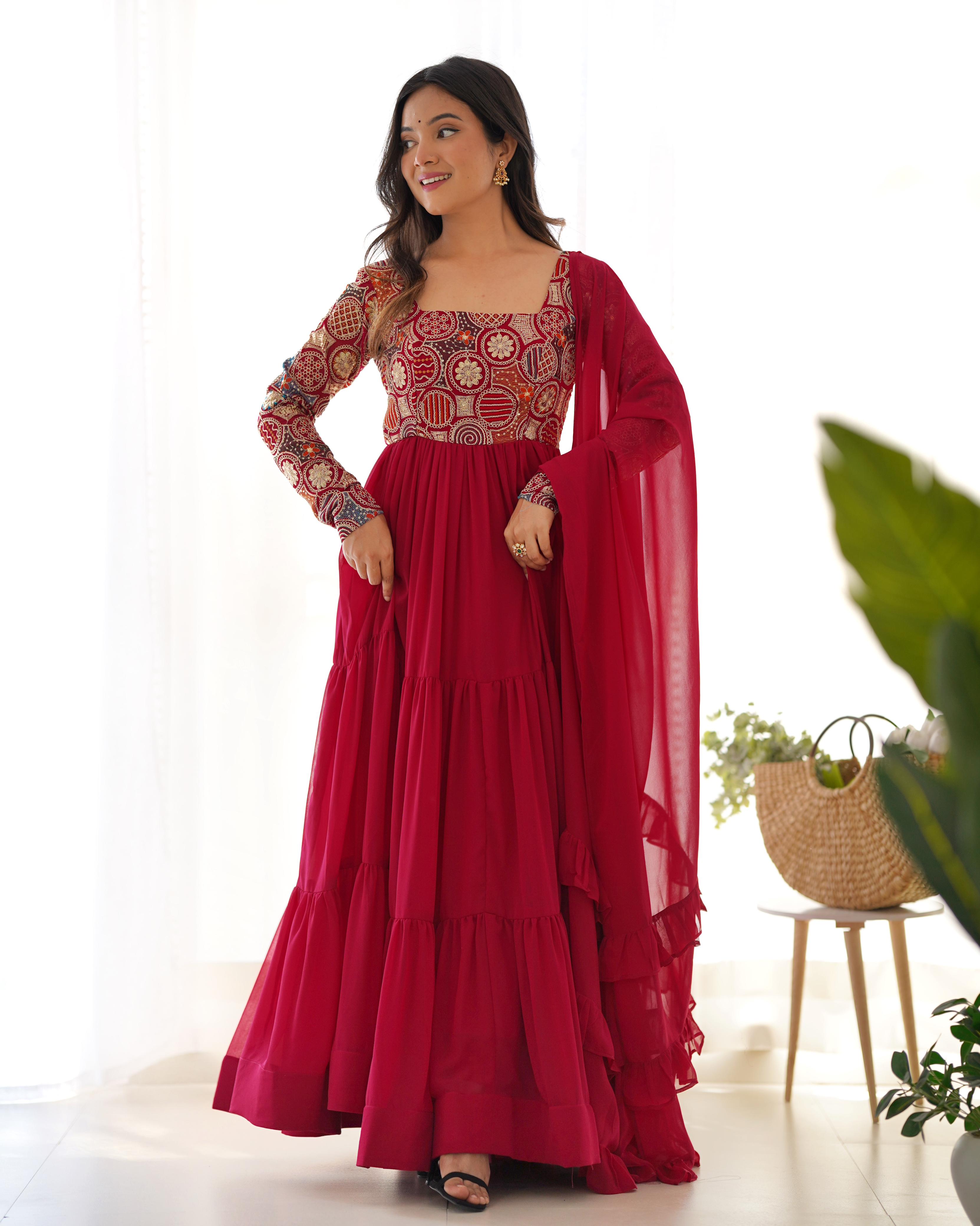 Maroon Pure Soft Fox Georgette Anarkali Suit Set With Huge Flair, Dupatta & Pant