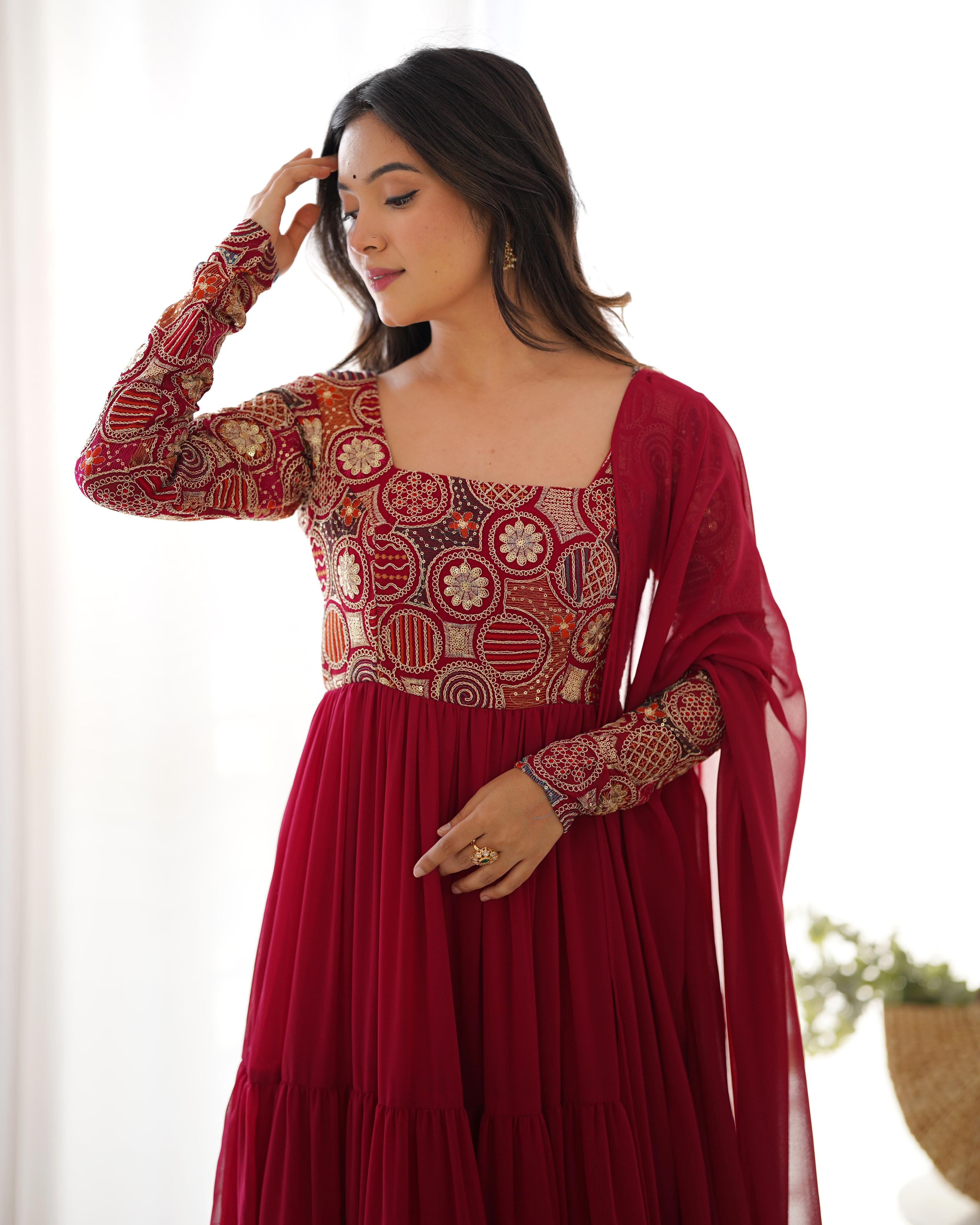 Maroon Pure Soft Fox Georgette Anarkali Suit Set With Huge Flair, Dupatta & Pant