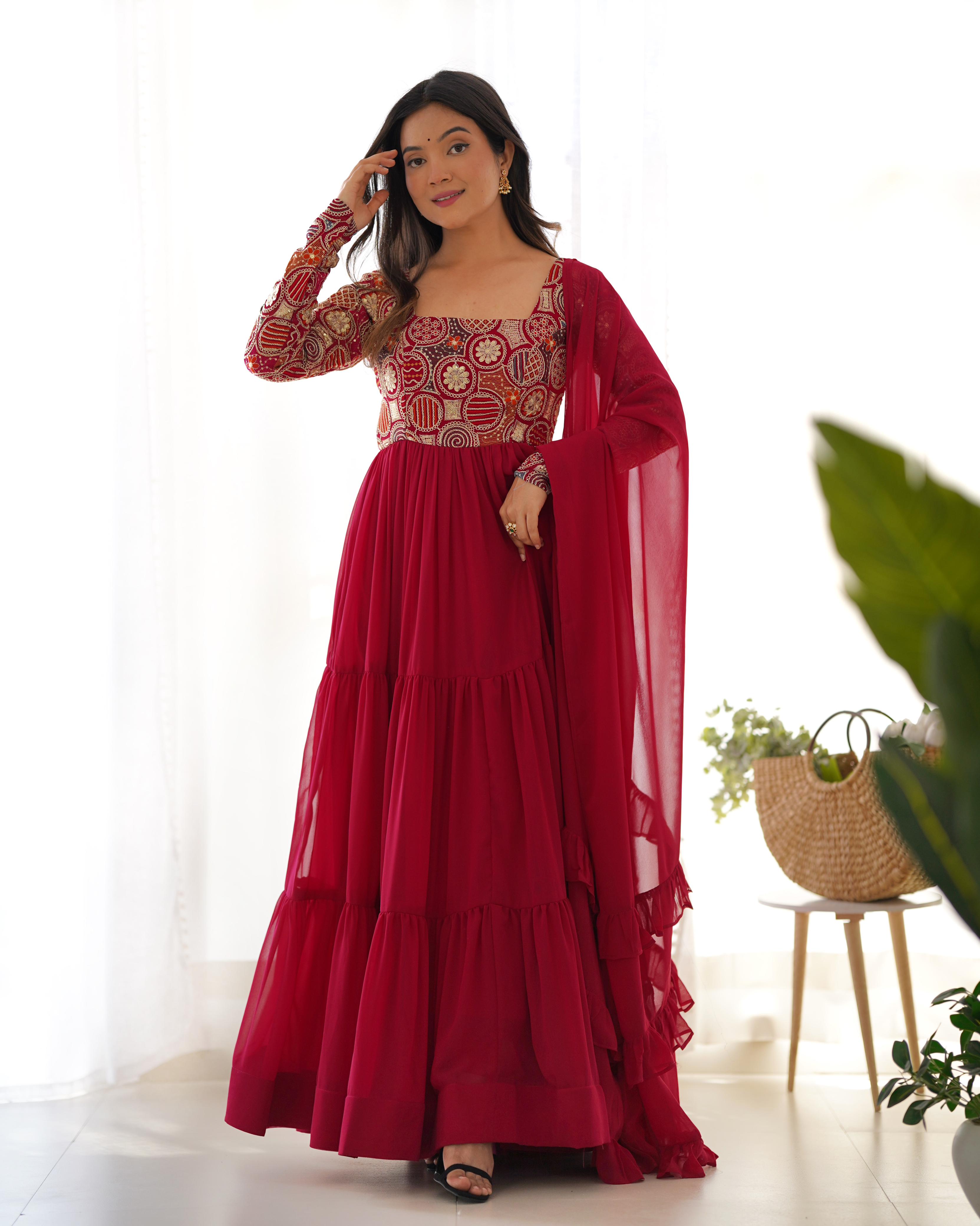 Maroon Pure Soft Fox Georgette Anarkali Suit Set With Huge Flair, Dupatta & Pant