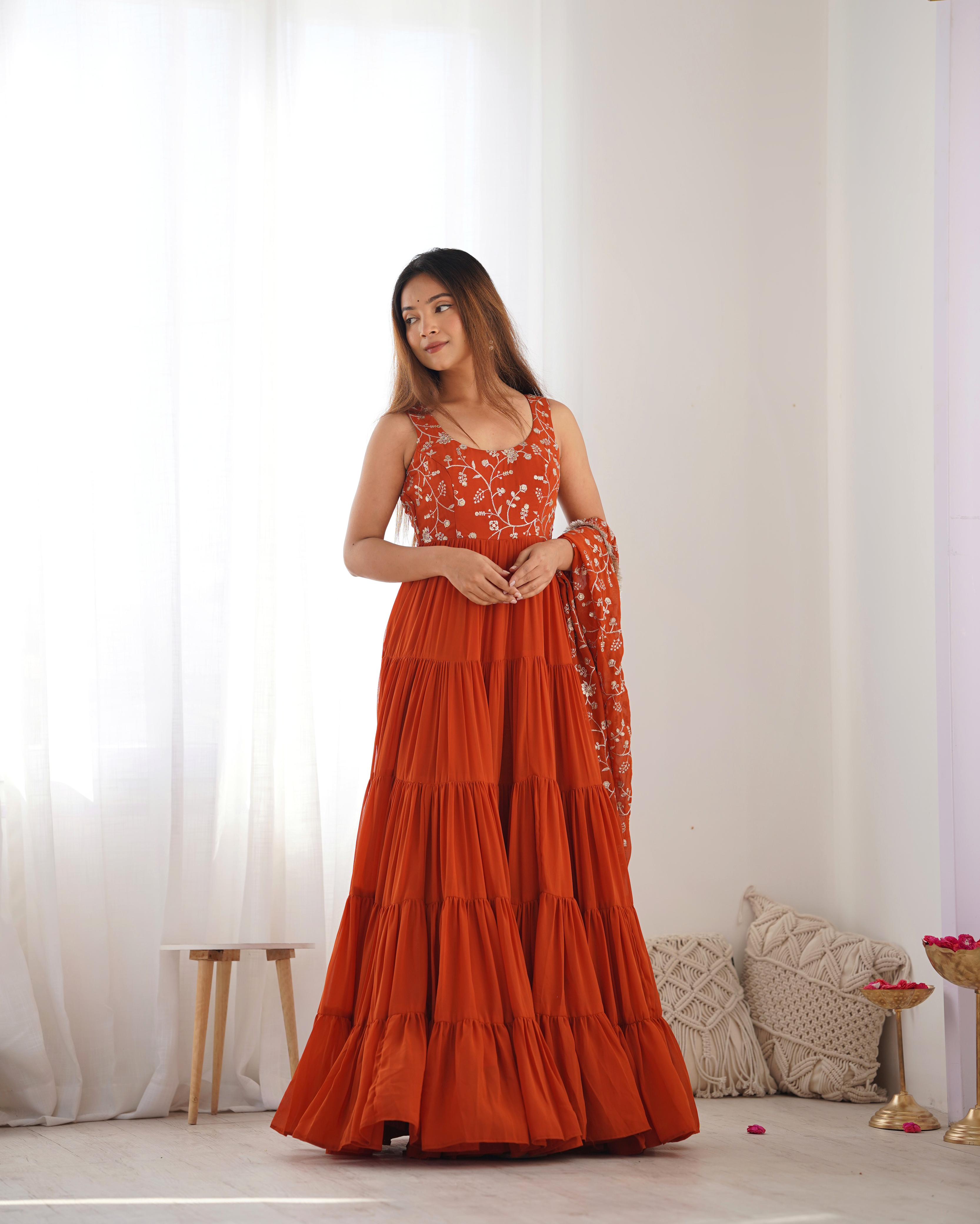 Rust Pure Soft Fox Georgette Anarkali Suit Set With Huge Flair, Dupatta & Pant