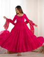 Pink Pure Roman Silk Chanderi Anarkali Suit Set With Huge Flair, Dupatta & Pant