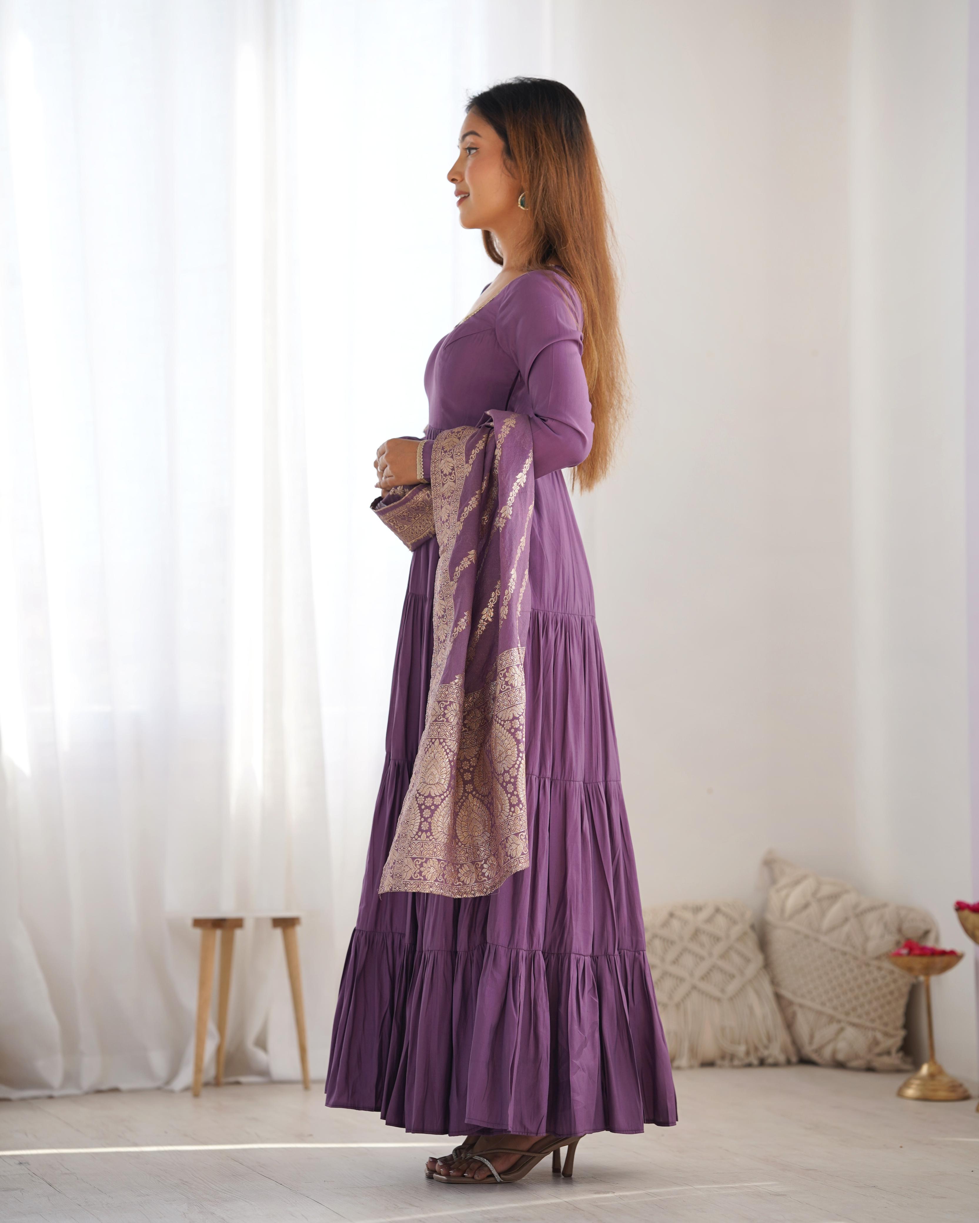 Dusty Lilac Pure Roman Silk Chanderi Anarkali Suit Set With Huge Flair, Dupatta & Pant