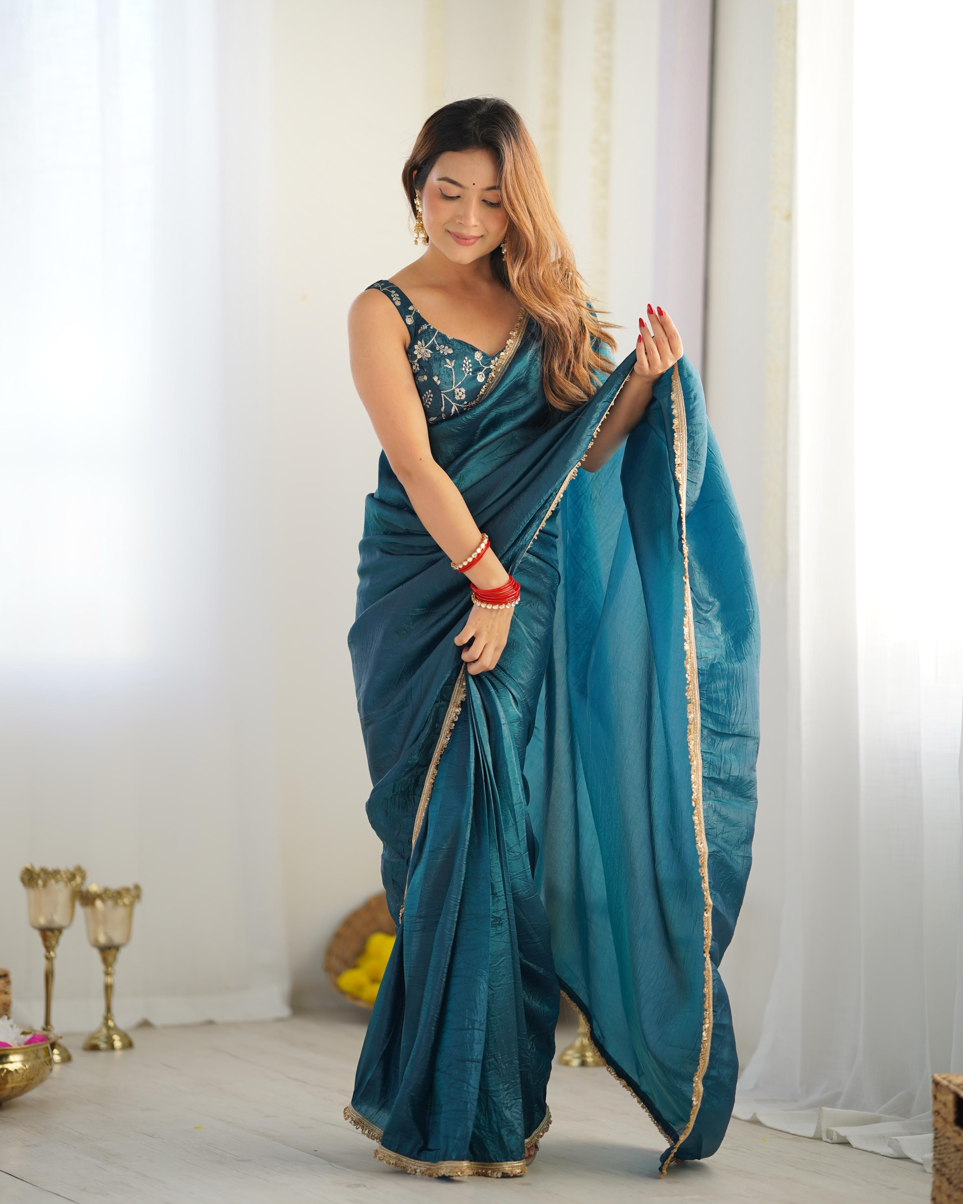 Teal Blue Ready-To-Wear Gold Crush Tissue Silk Saree